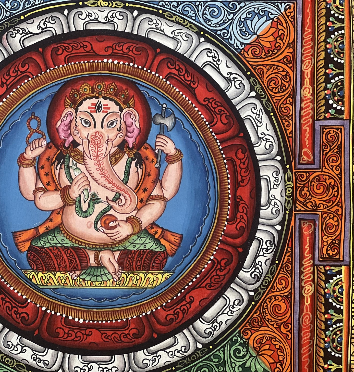 Original Hand-Painted Newari Ganesha in Sri Yantra Mandala – Traditional Paubha Art