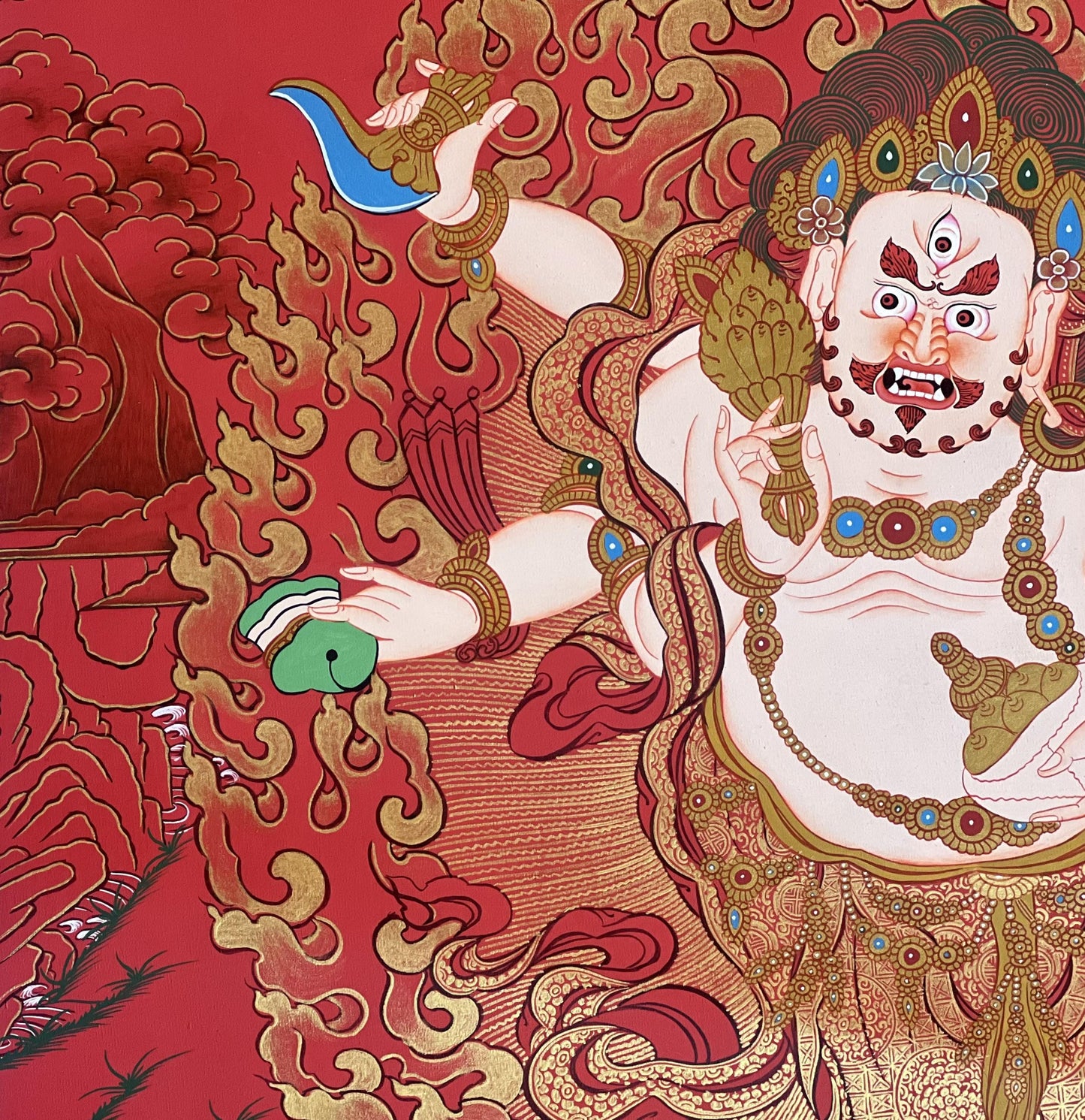 Six Armed White Mahakala Tibetan Thangka Painting | Hand-Painted Buddhist Art | Himalayan Protector Deity
