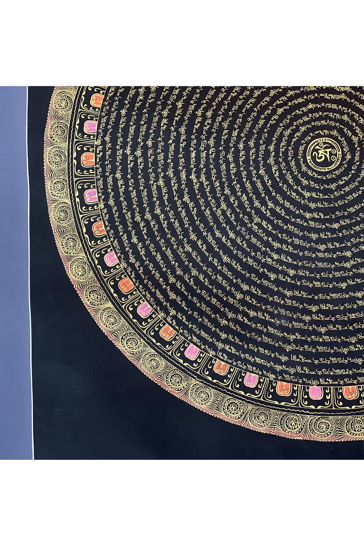 Green Tara Mantra Mandala with Om in Center - Black and Gold Tibetan Thangka Painting