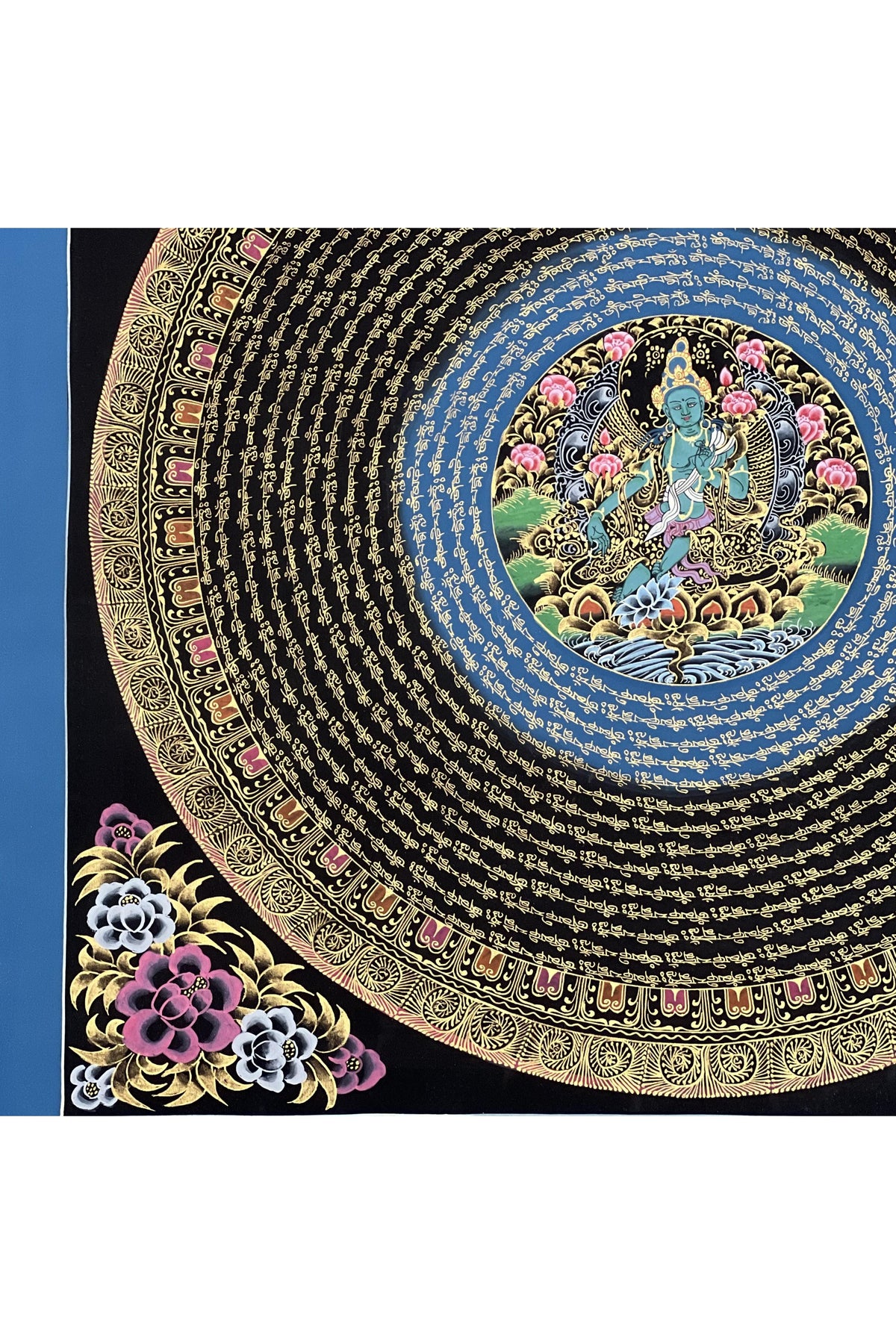 Green Tara Mantra Mandala with the Diety in the Center – Black and Gold Tibetan Thangka Painting