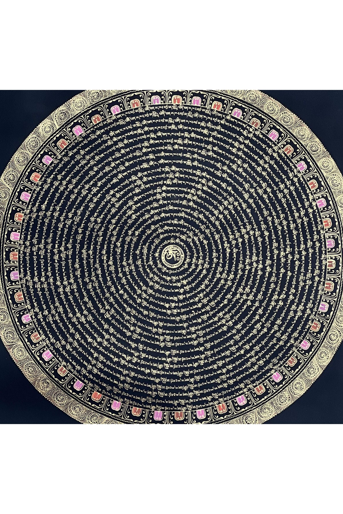 Manjushri Mantra Mandala with Om Center • Black Gold Tibetan Thangka • Wisdom Buddha Art