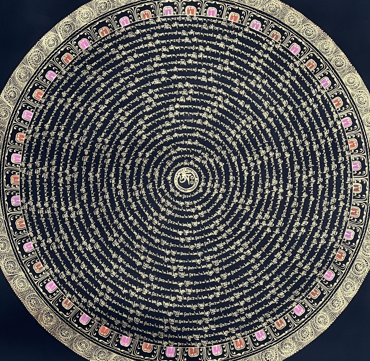 Manjushri Mantra Mandala with Om Center • Black Gold Tibetan Thangka • Wisdom Buddha Art