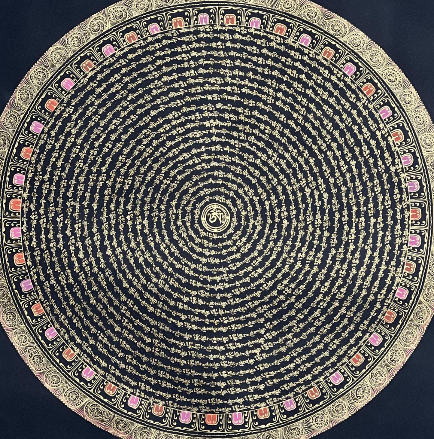 Chenrezig Mantra Mandala with Om in Center • Black and Gold Tibetan Thangka • Compassion Art