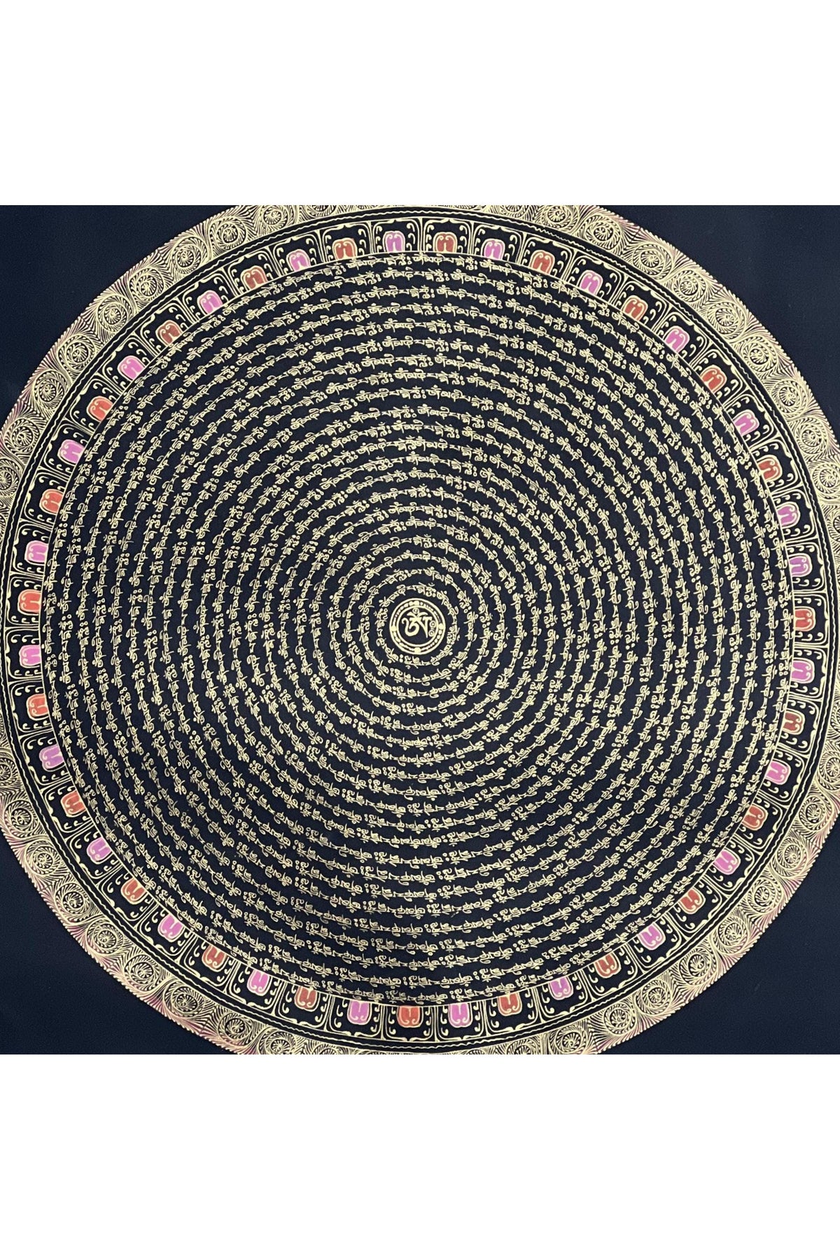 Chenrezig Mantra Mandala with Om in Center • Black and Gold Tibetan Thangka • Compassion Art