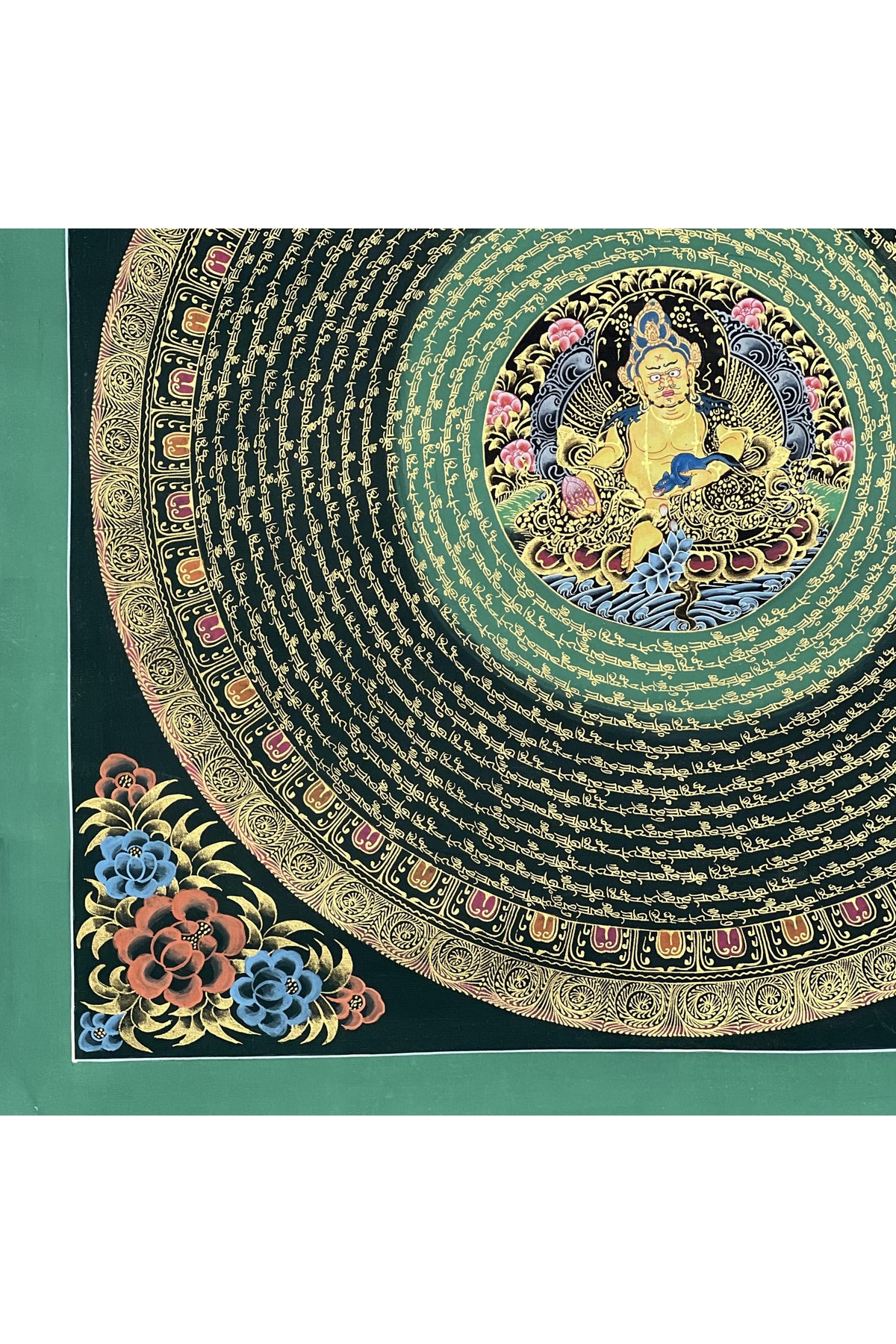 Jambhala Mantra Mandala Tibetan Thangka | Hand-Painted Wealth Deity Art | Wall Decor for Abundance