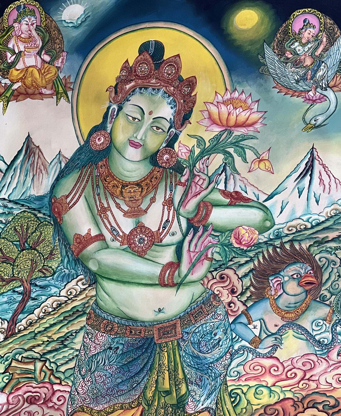 Green Tara • Traditional Newari Paubha Style Thangka Painting • Smoky Matte Finish • Hand-Painted Himalayan Art