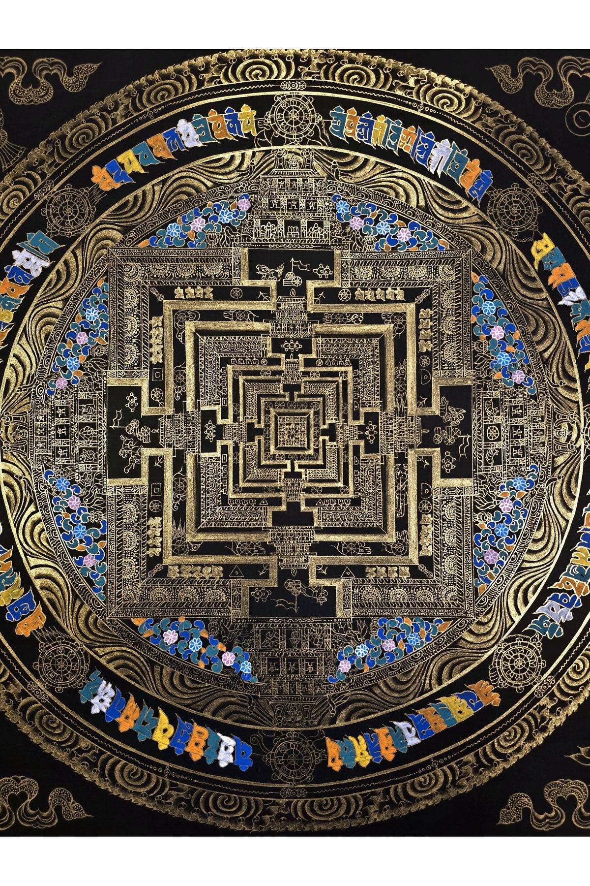 Black & Gold Kalachakra Mandala Thangka - Original Hand-Painted Tibetan Wheel of Time Art