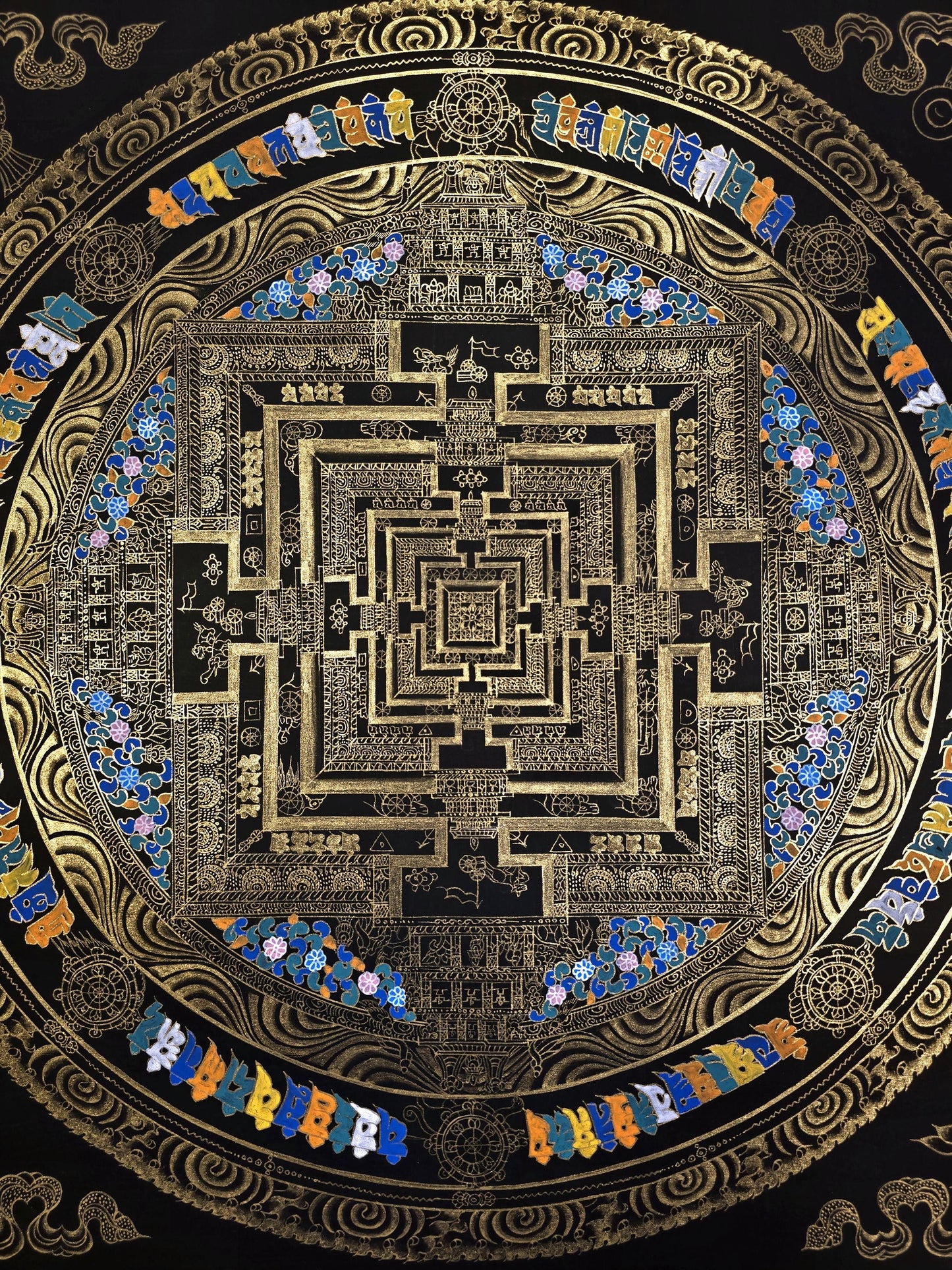 Black & Gold Kalachakra Mandala Thangka - Original Hand-Painted Tibetan Wheel of Time Art