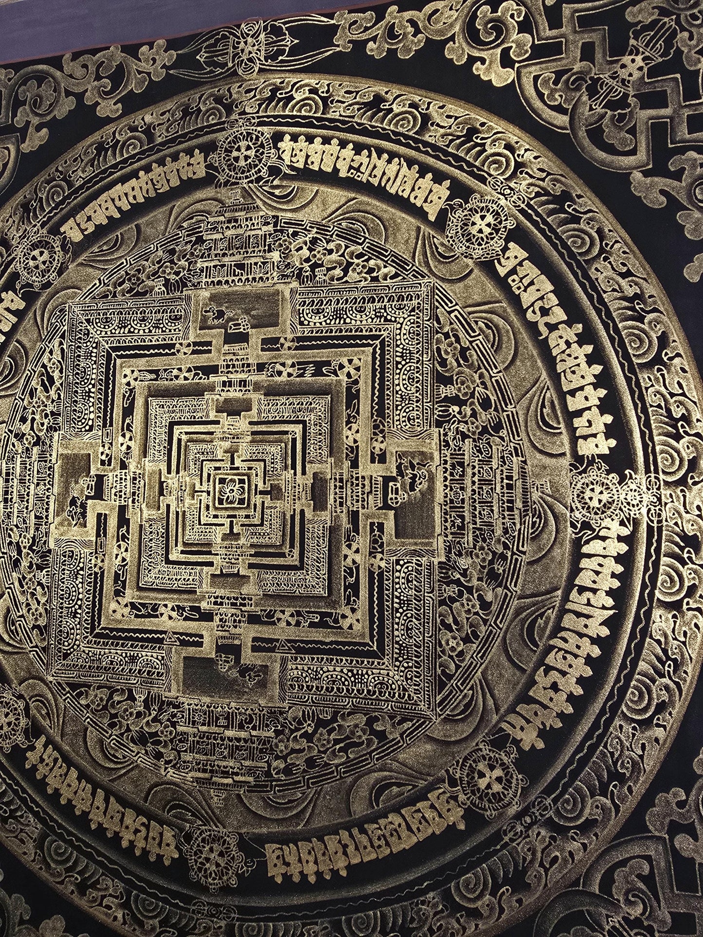 Black and Gold Kalachakra Mandala – Wheel of Time Tibetan Thangka Painting