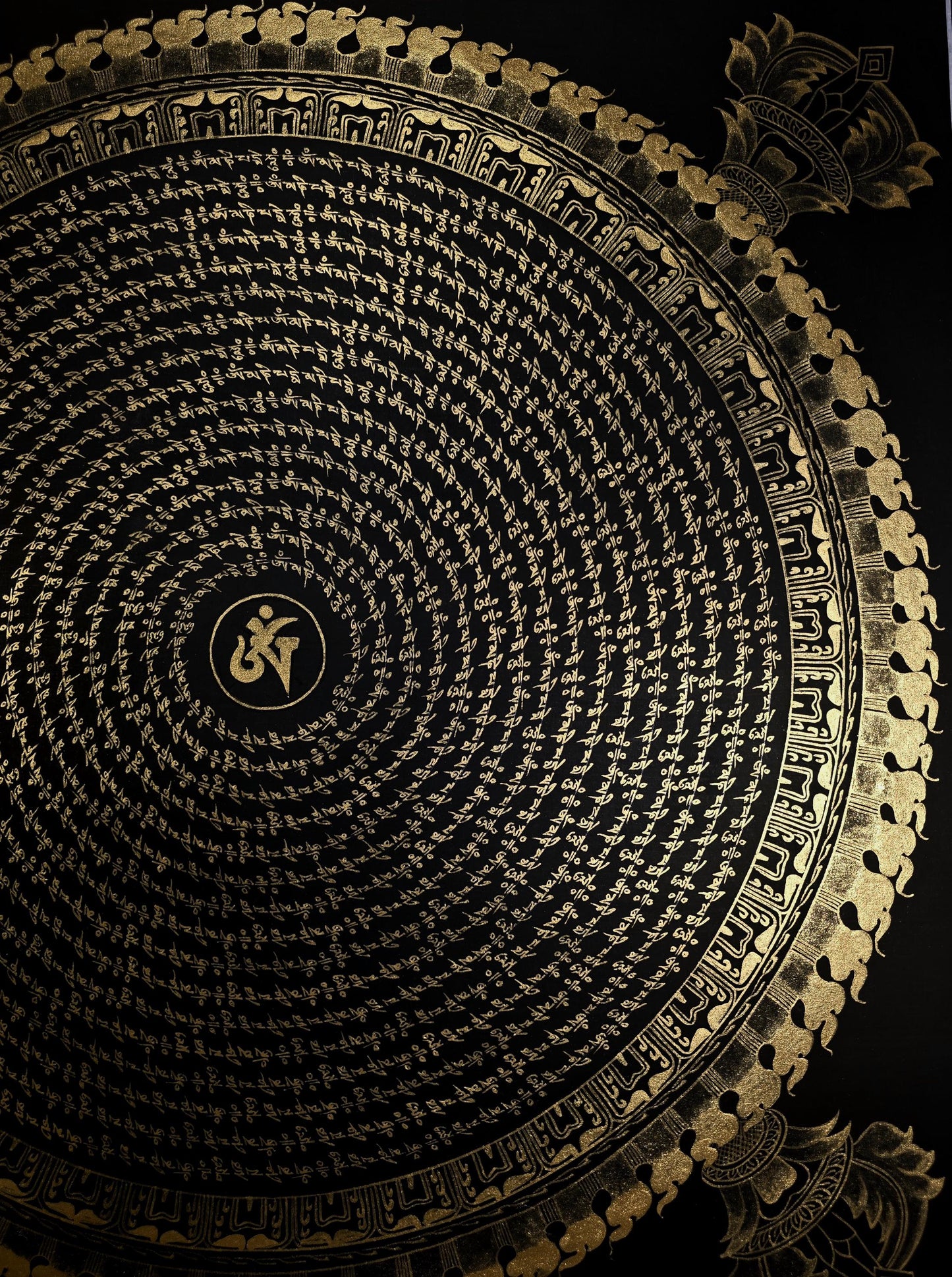 Handmade Om Mantra Mandala Black and Gold Thangka Painting | Tibetan Meditation Art
