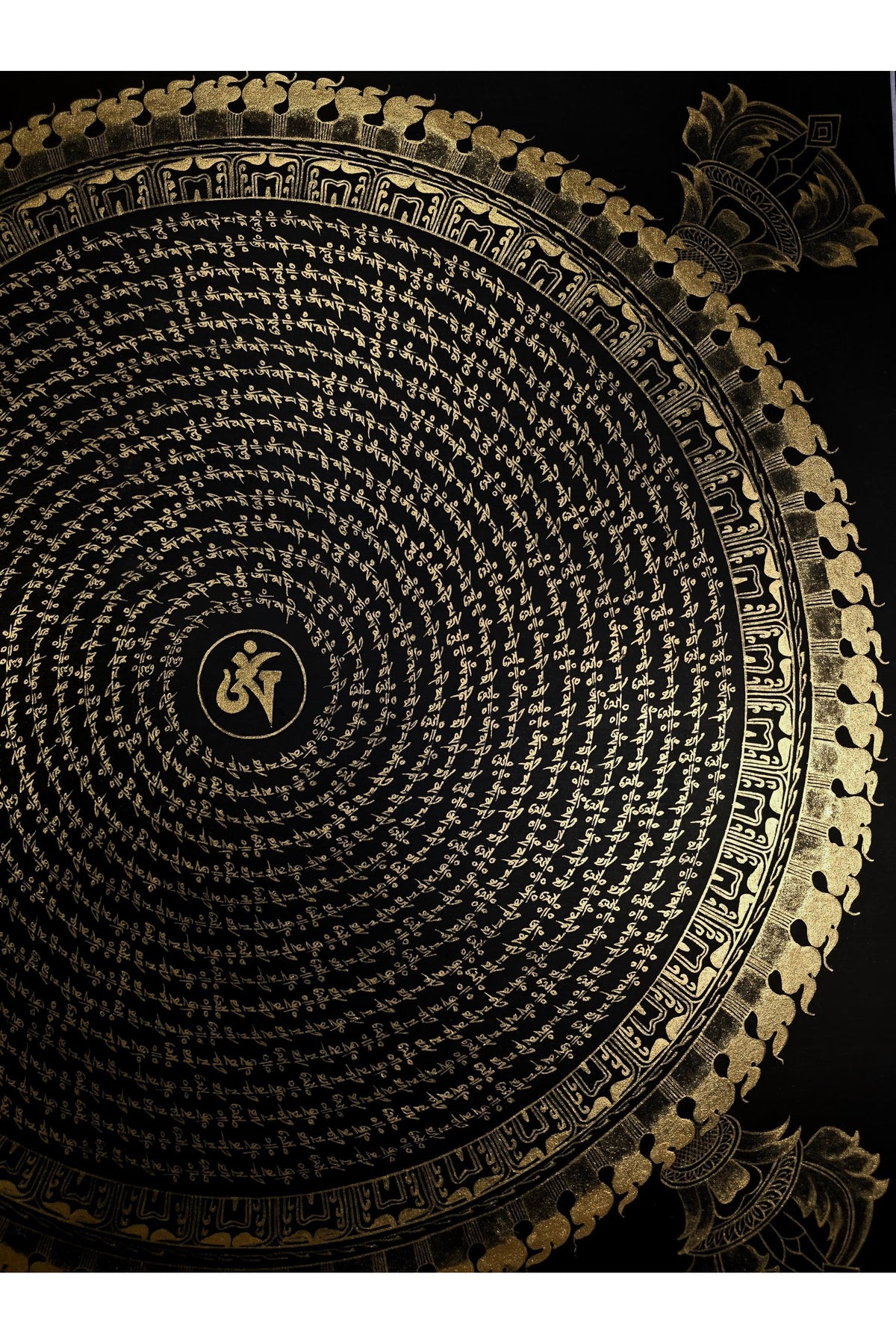 Handmade Om Mantra Mandala Black and Gold Thangka Painting | Tibetan Meditation Art
