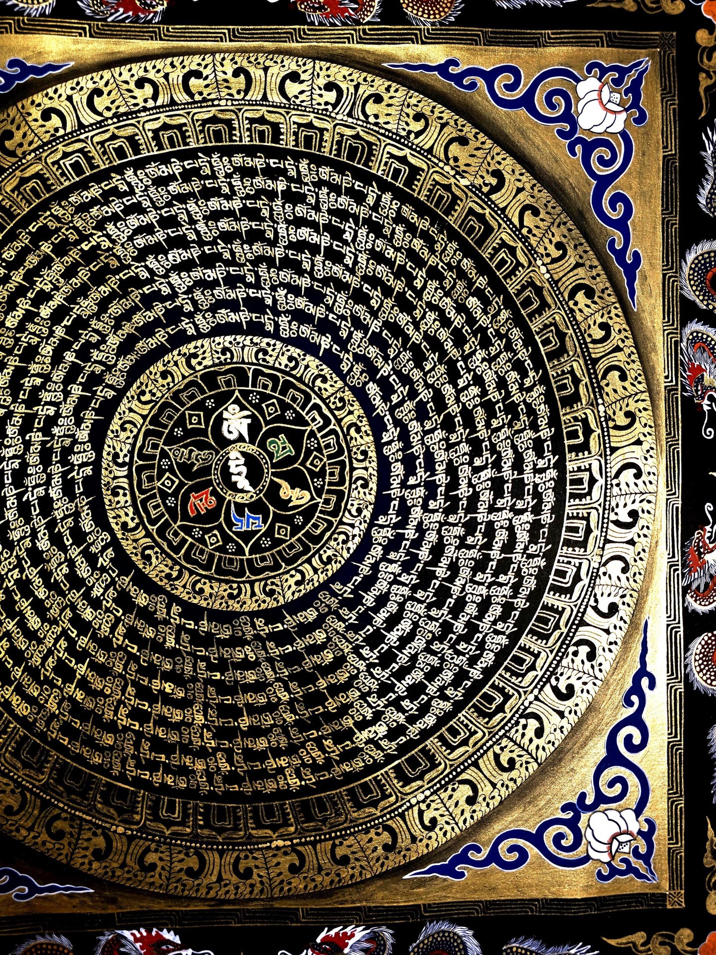 Hand-Painted Om Mani Padme Hum Dragon Mandala Thangka - Tibetan Buddhist Art for Meditation