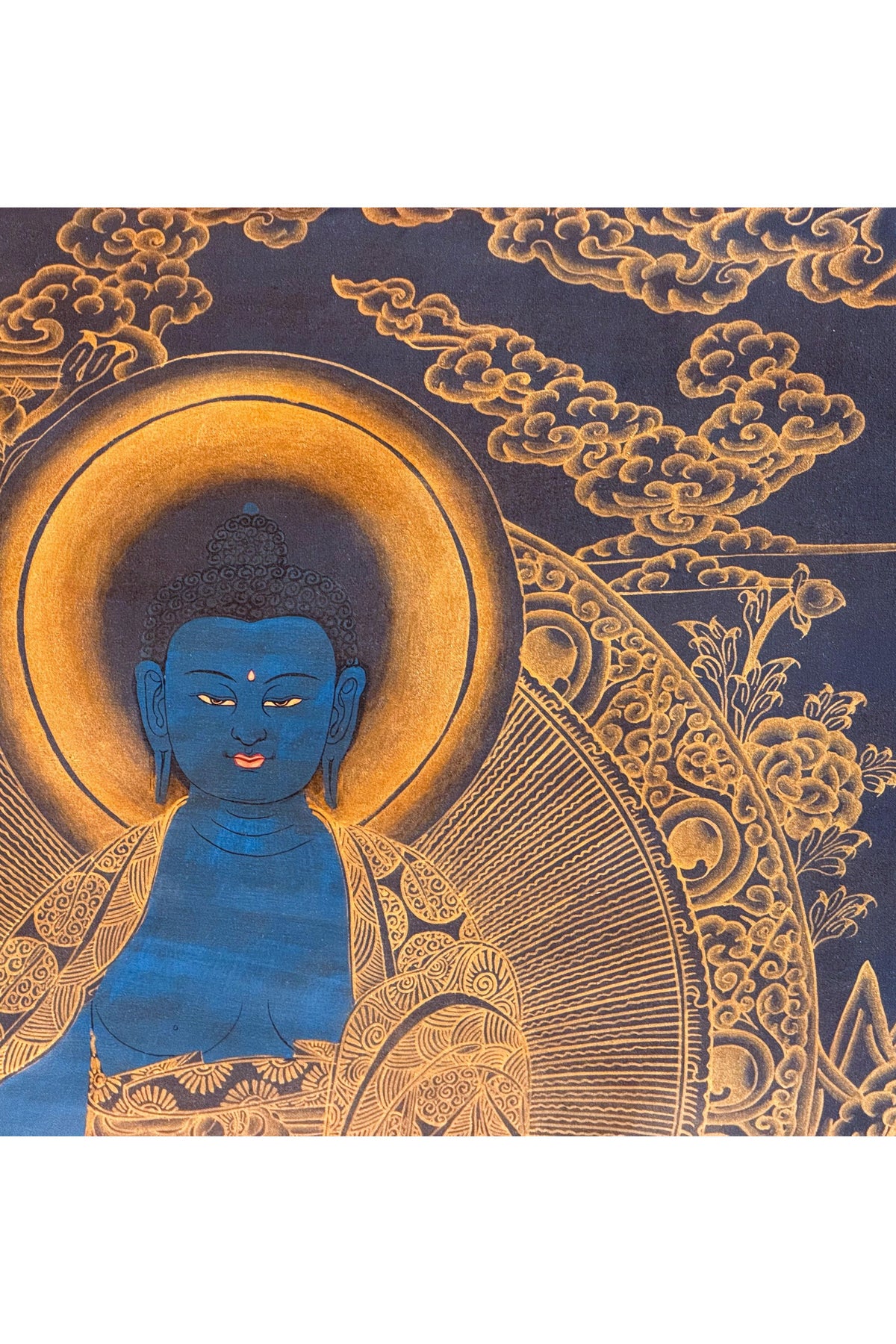 Medicine Buddha Tibetan Thangka – Hand-Painted Oil-Varnished Healing Art with Silk Brocade