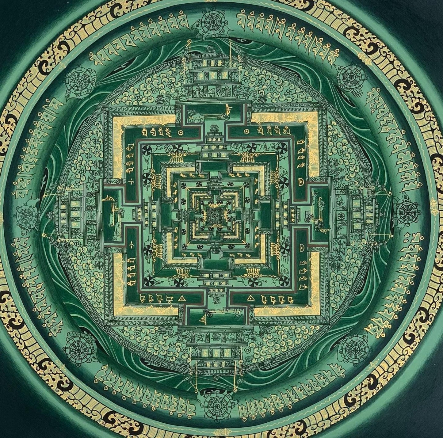 Hand-Painted Kalachakra Mandala Thangka | Tibetan Wheel of Time Art | Green Background Painting