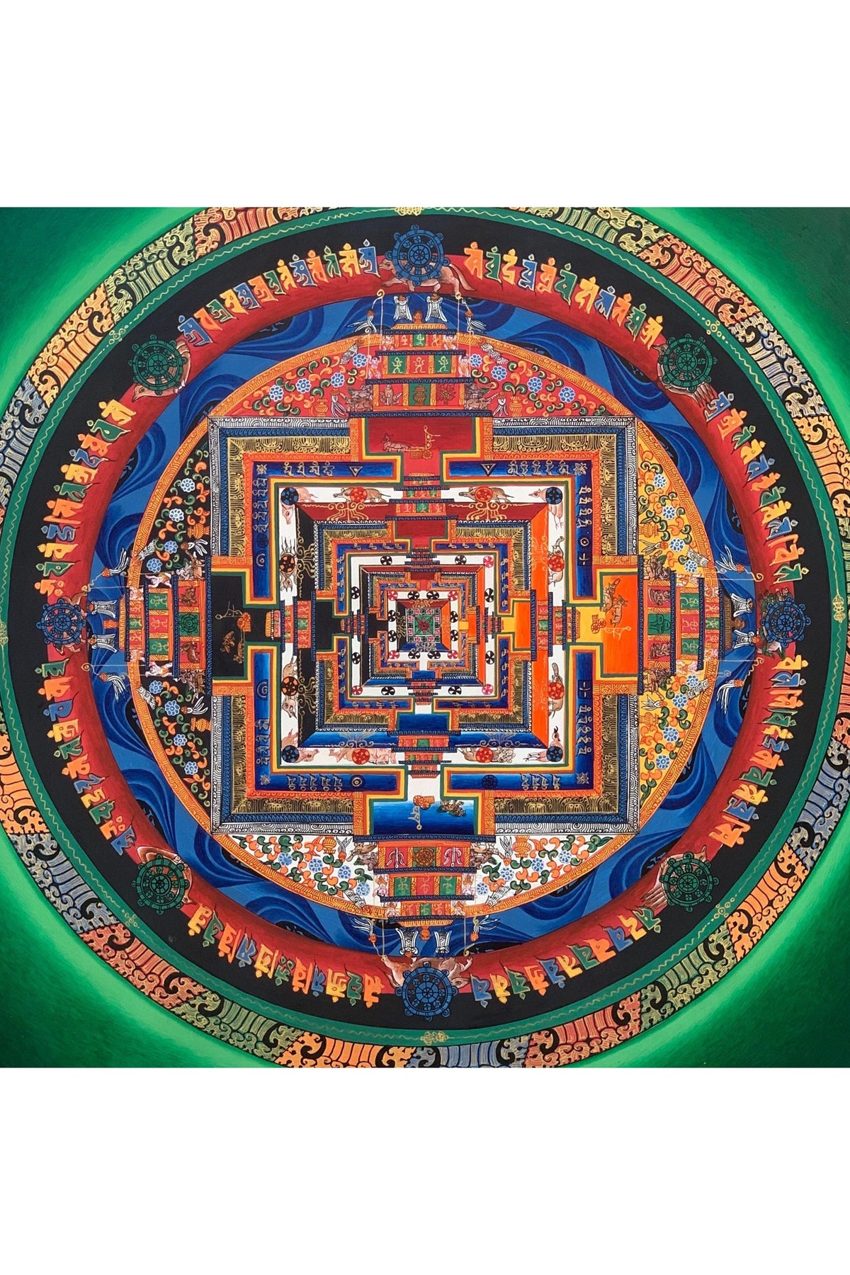 Hand-Painted Green Kalachakra Mandala Thangka | Wheel of Time Art | Meditation & Spiritual Decor
