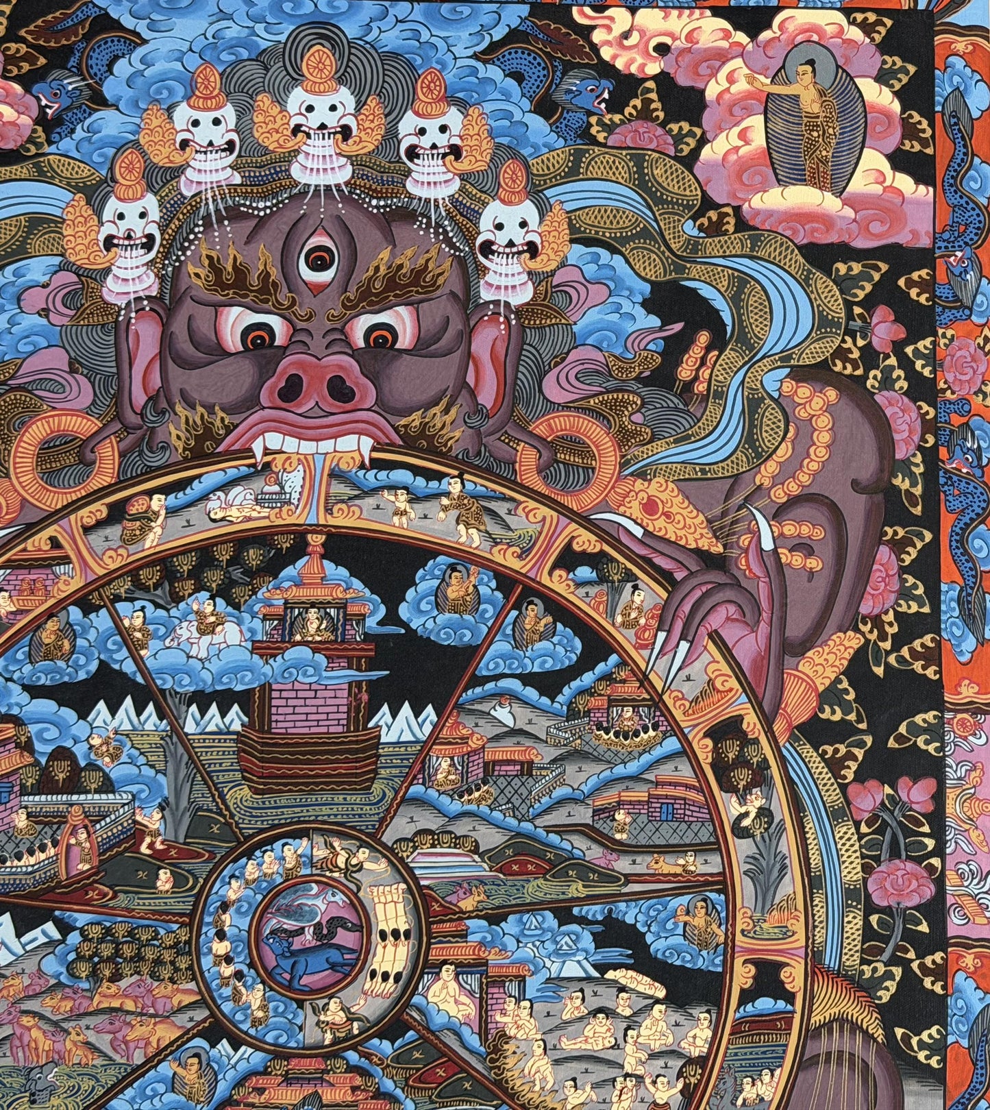 Samsara Wheel of Life Thangka | Tibetan Bhavachakra Mandala | Hand-Painted Meditation Art with Silk Brocade