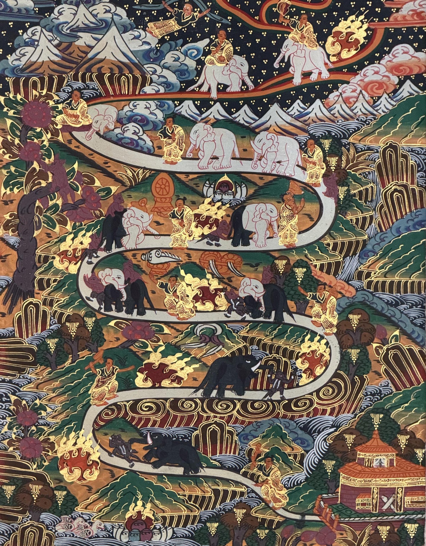 Original Hand-Painted Samatha Meditation Thangka | Tibetan Buddhist Silk Brocade Ar | Spiritual Wall Hanging