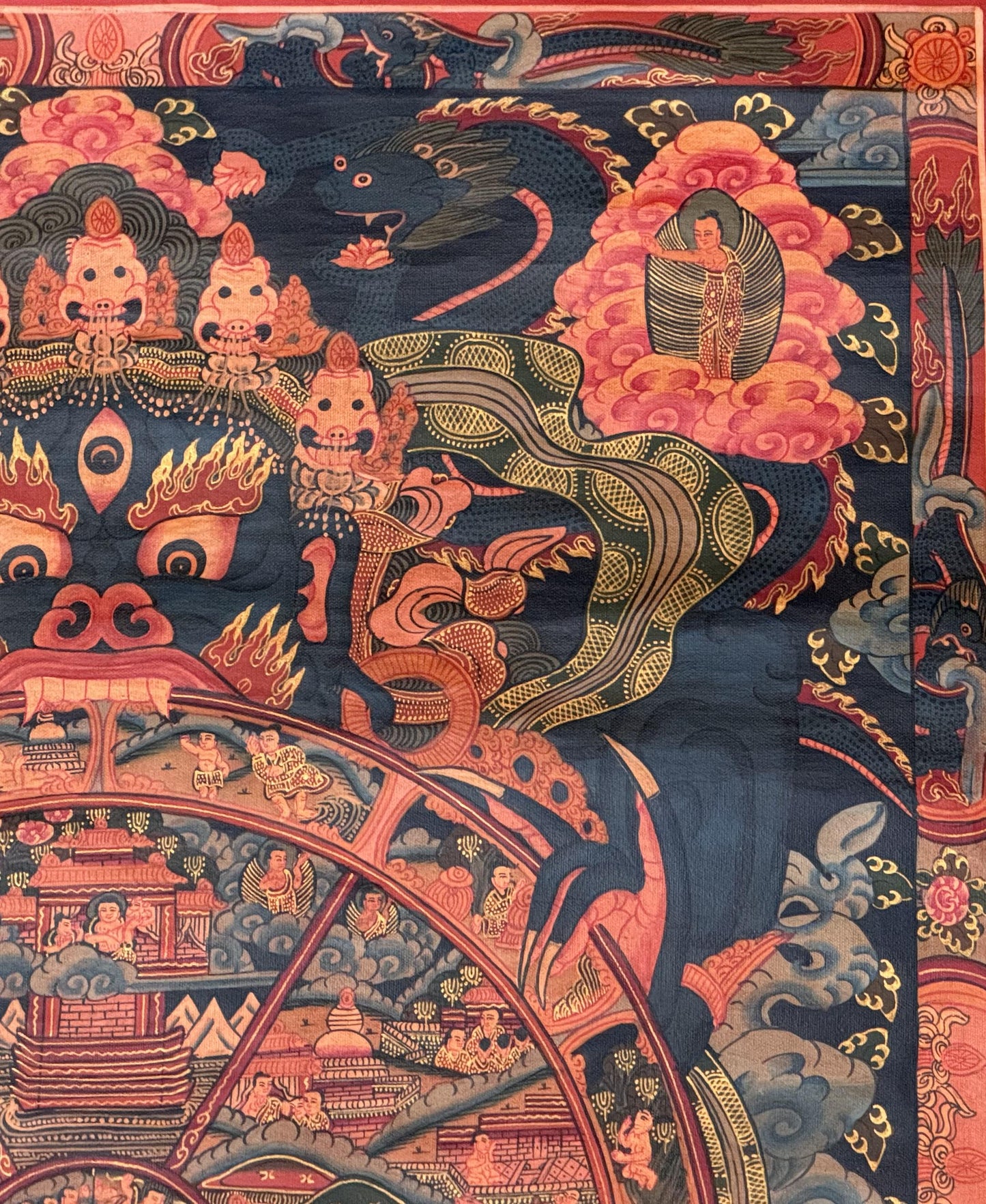Hand-Painted Wheel of Life Thangka Painting - Bhavachakra Samsara Mandala Oil Varnished Tibetan Art
