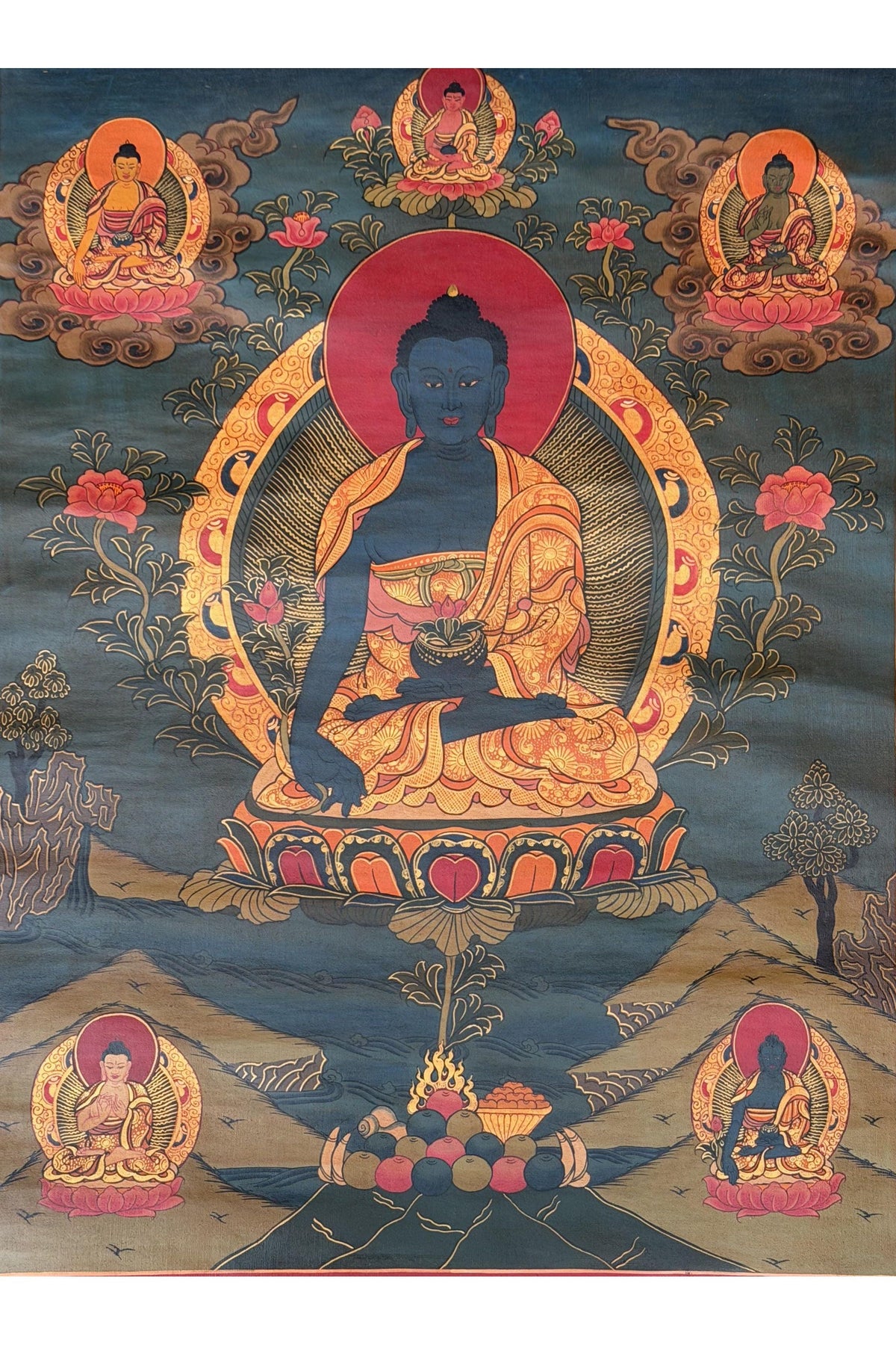 Medicine Buddha Thangka Painting - Hand-Painted Tibetan Healing Art, Oil Varnished
