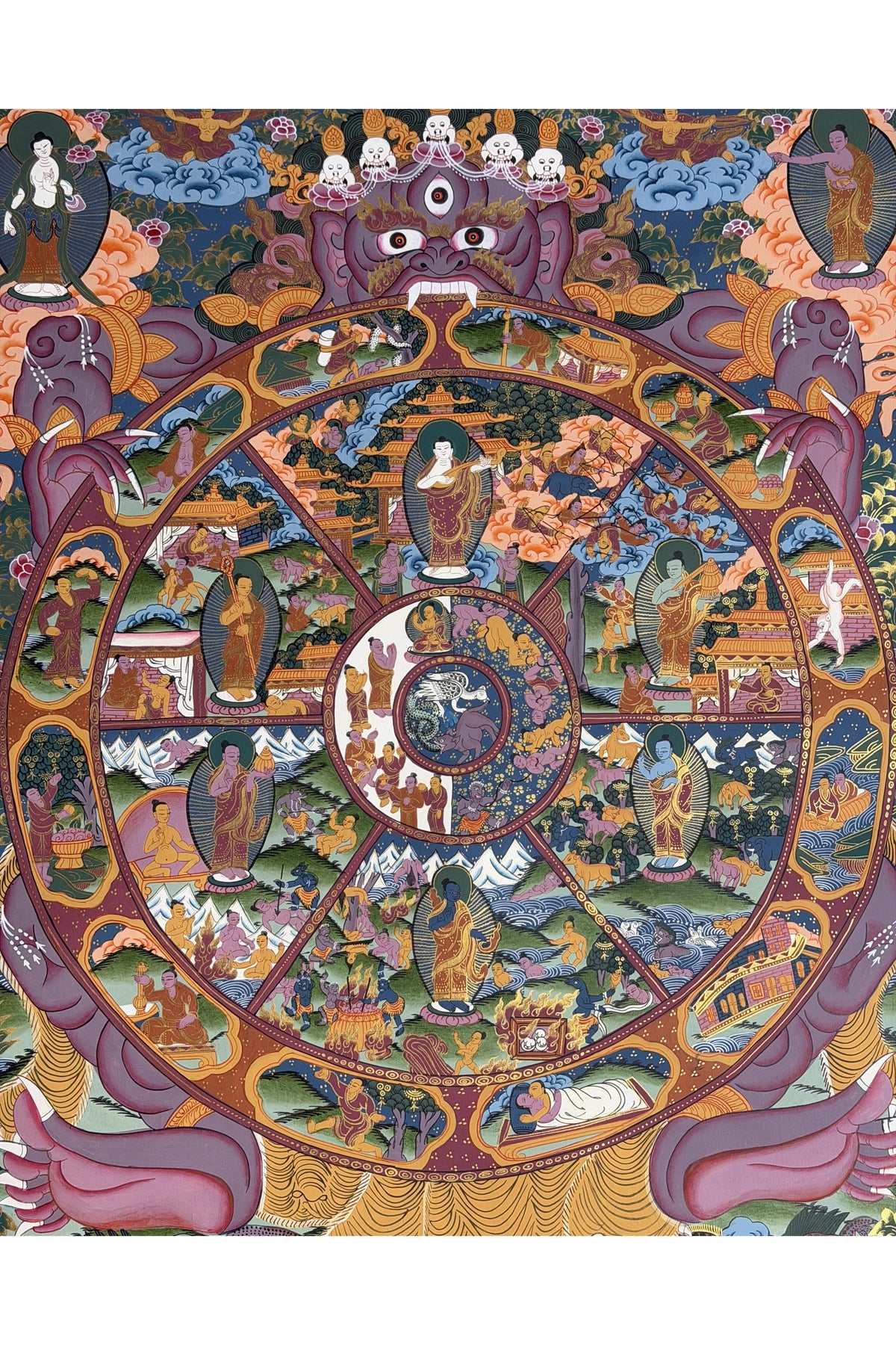 Large Wheel of Life Thangka - Hand-Painted Bhavachakra Samsara Mandala Tibetan Buddhist Art