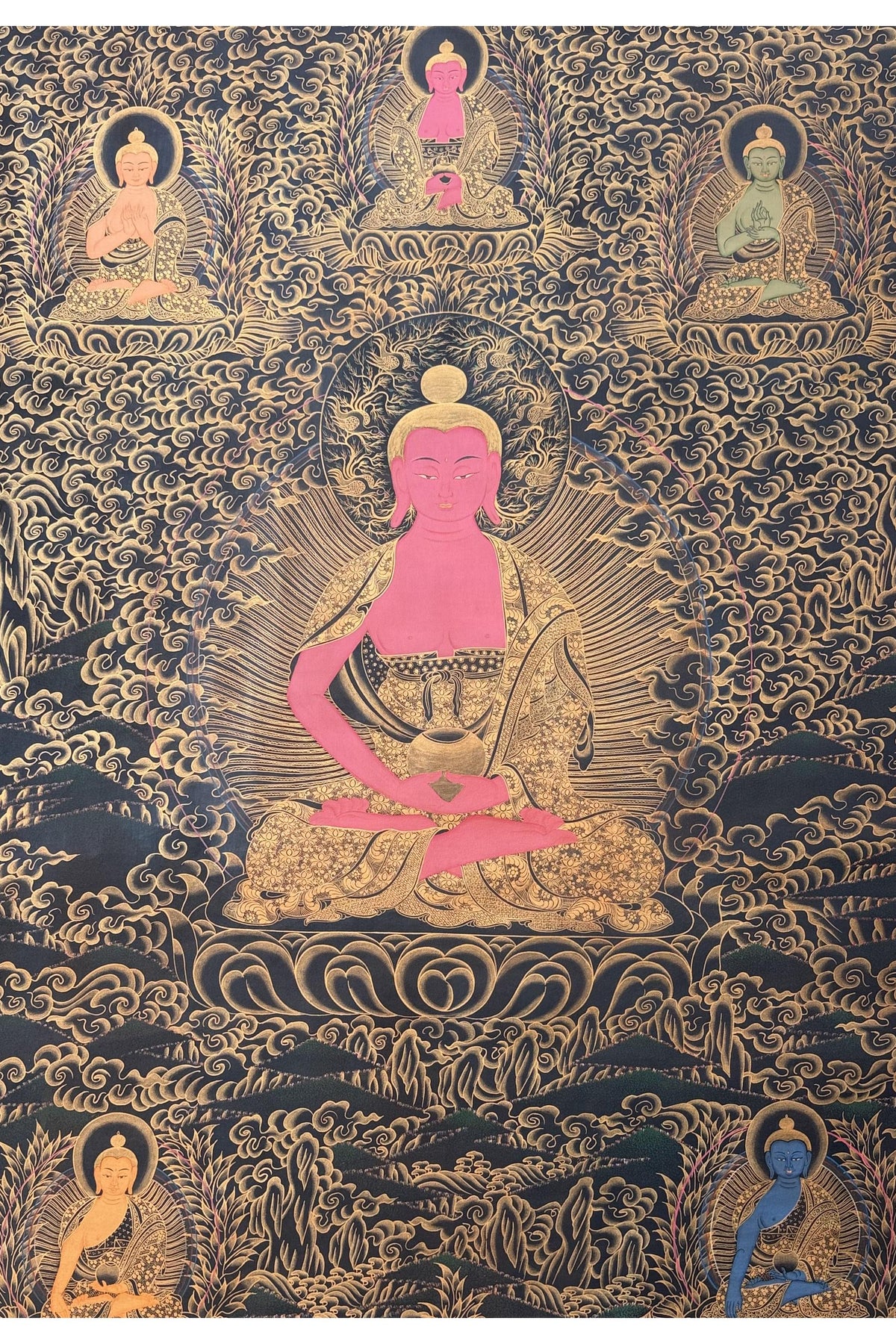Large Pancha Buddha Thangka Painting | Hand-Painted Oil Varnished Tibetan Art