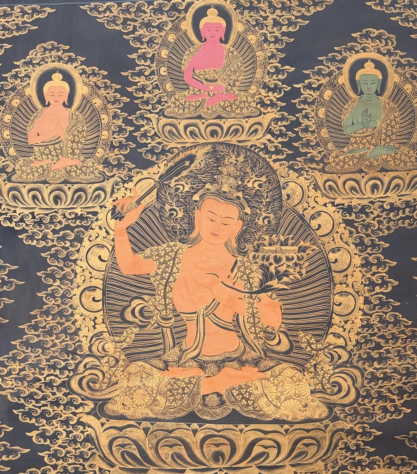 Large Panch Buddha Manjushri Thangka Painting – Black & Gold Oil Varnished Tibetan Art