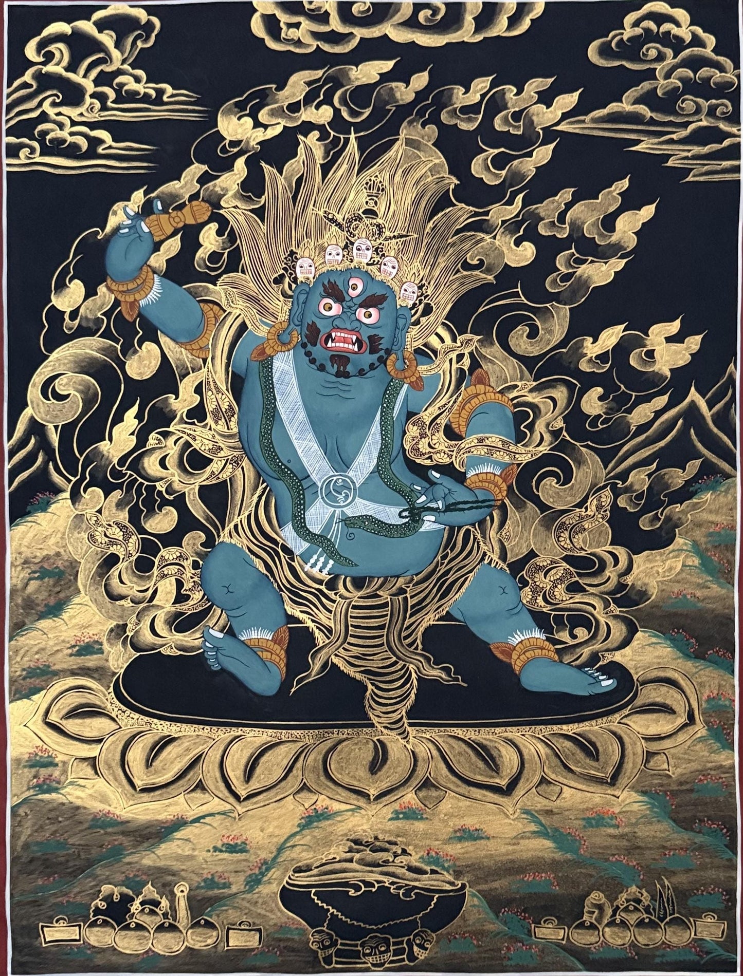 Hand-Painted Black and Gold Vajrapani Thangka Painting - Wrathful Tibetan Protector Bodhisattva Art
