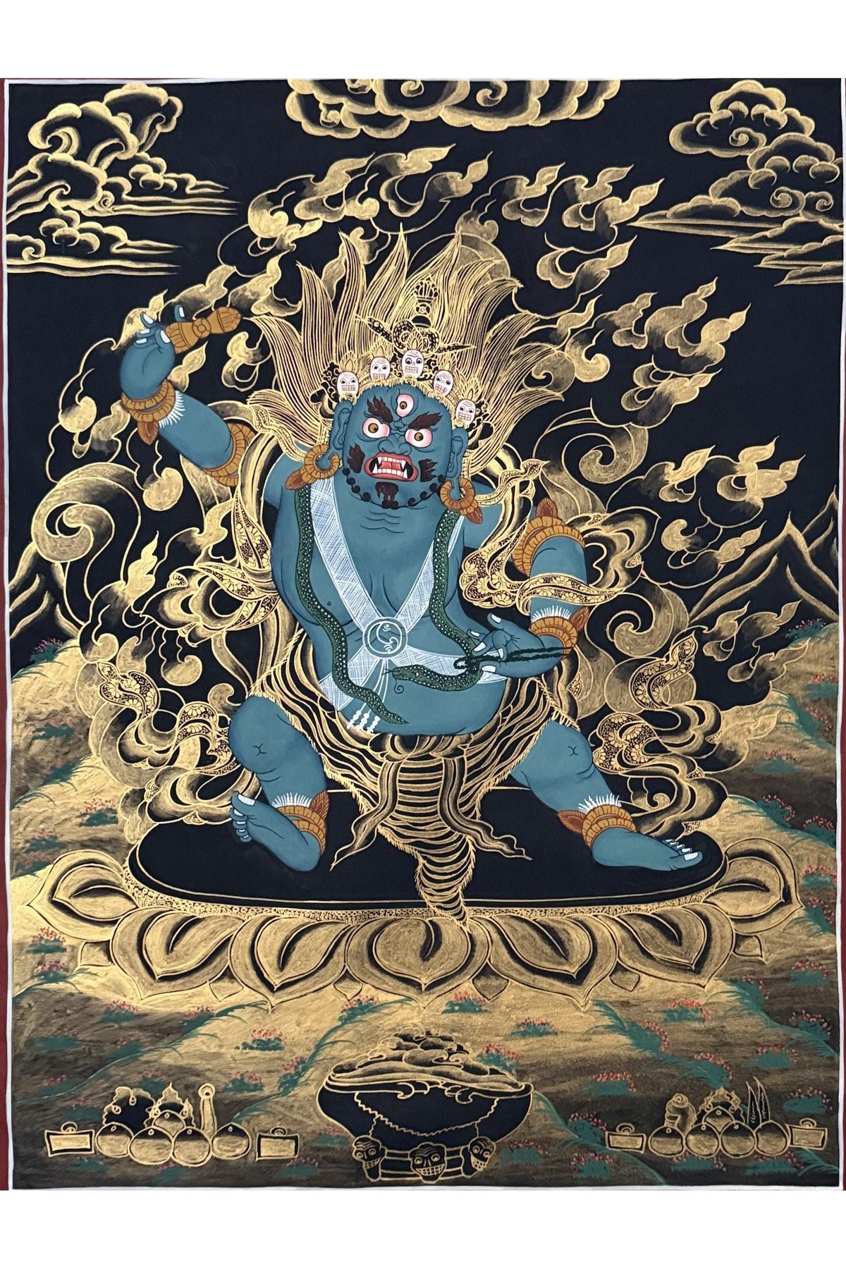 Hand-Painted Black and Gold Vajrapani Thangka Painting - Wrathful Tibetan Protector Bodhisattva Art