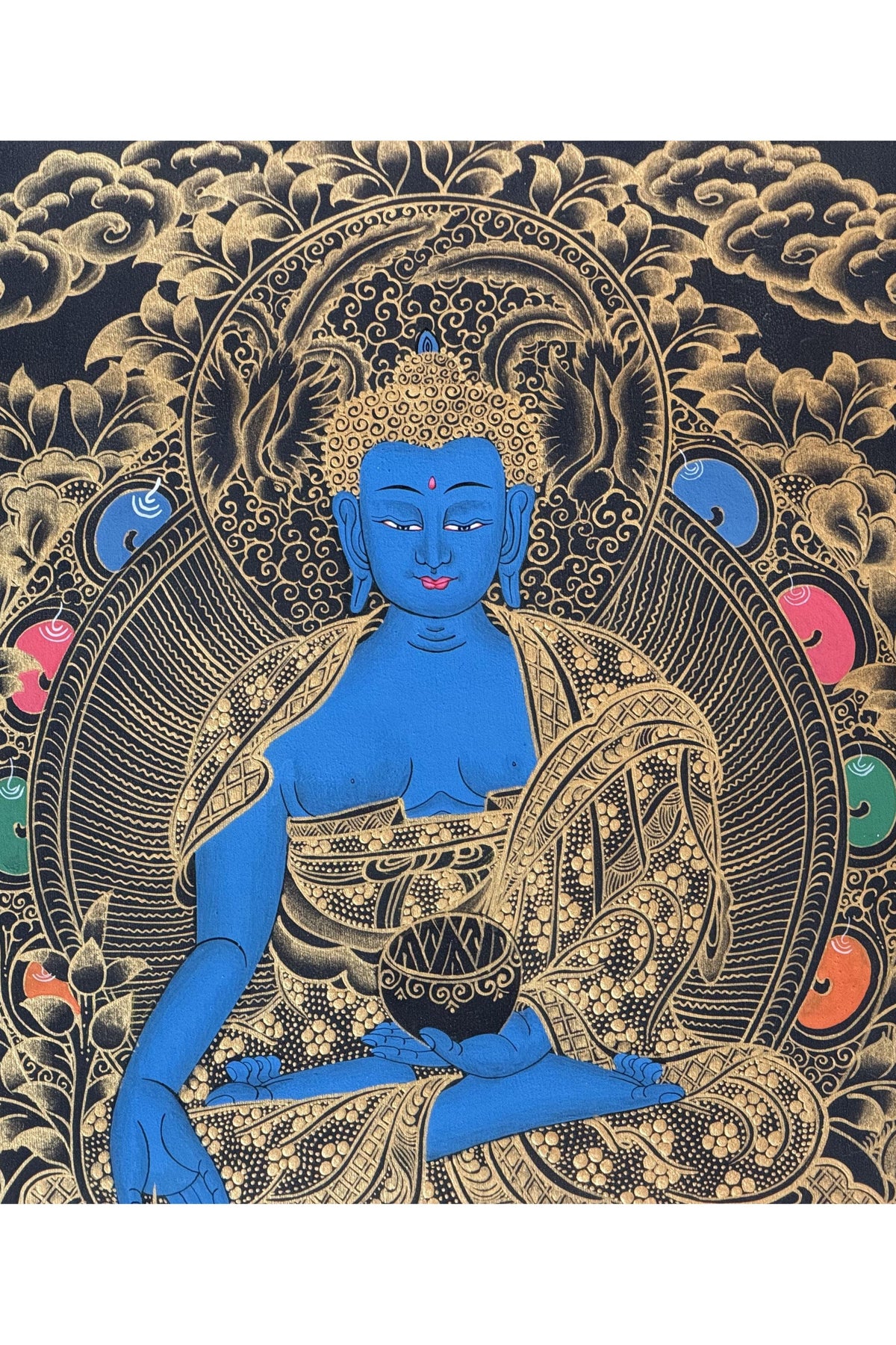 Medicine Buddha Thangka Painting: Hand-Painted Tibetan Meditation Art with Silk Brocade