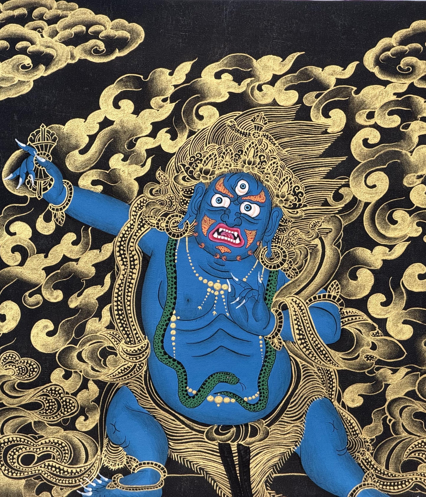 Hand-Painted Black and Gold Vajrapani Thangka with Silk Brocade - Wrathful Tibetan Protector Bodhisattva Art