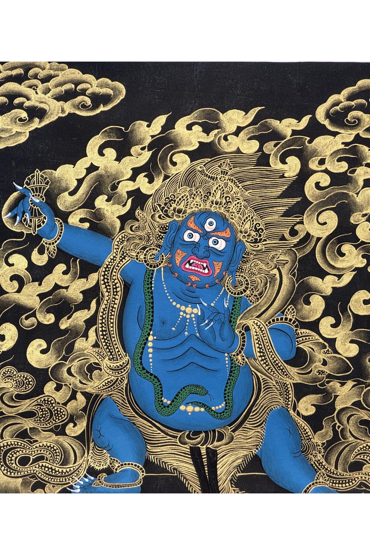 Hand-Painted Black and Gold Vajrapani Thangka with Silk Brocade - Wrathful Tibetan Protector Bodhisattva Art