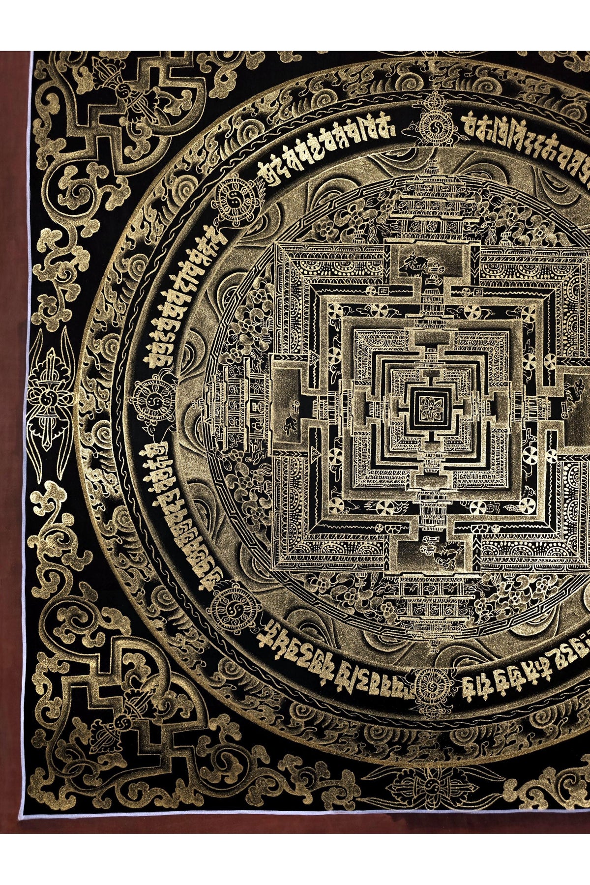 Black and Gold Kalachakra Mandala – Wheel of Time Tibetan Thangka Painting from Nepal