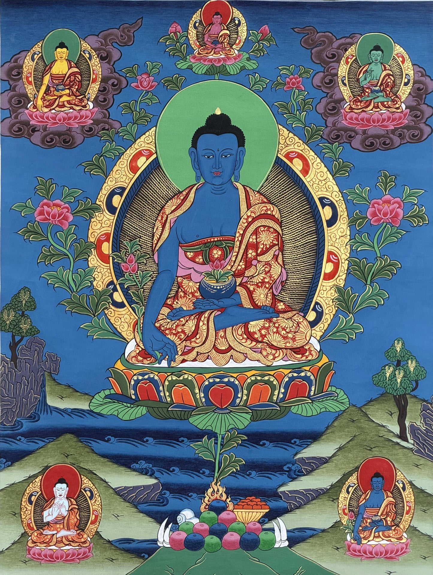Medicine Buddha Healing Thangka | Hand Painted Tibetan Buddhist Art for Meditation & Peace | Silk Brocade
