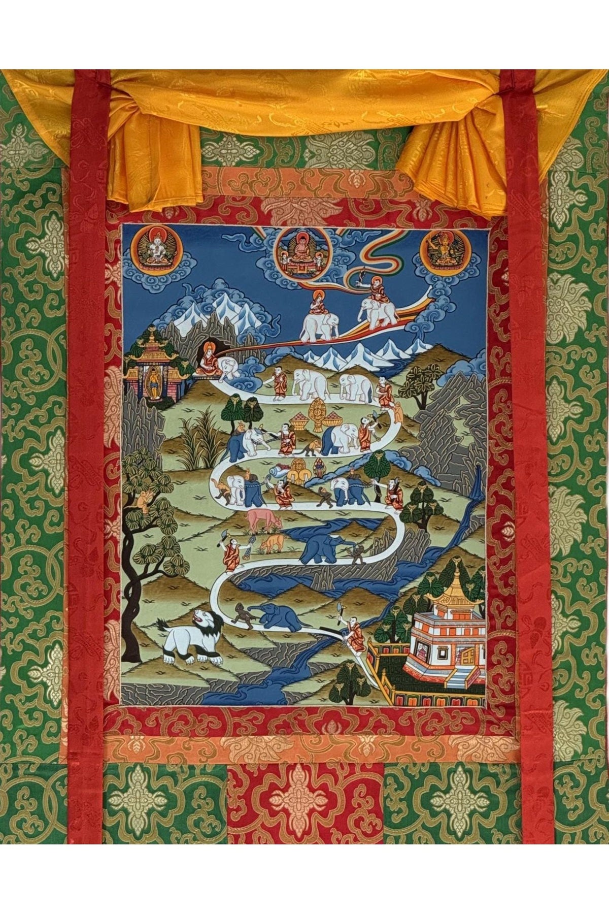 Hand-Painted Tibetan Thangka: Samatha Meditation Path with Silk Brocade