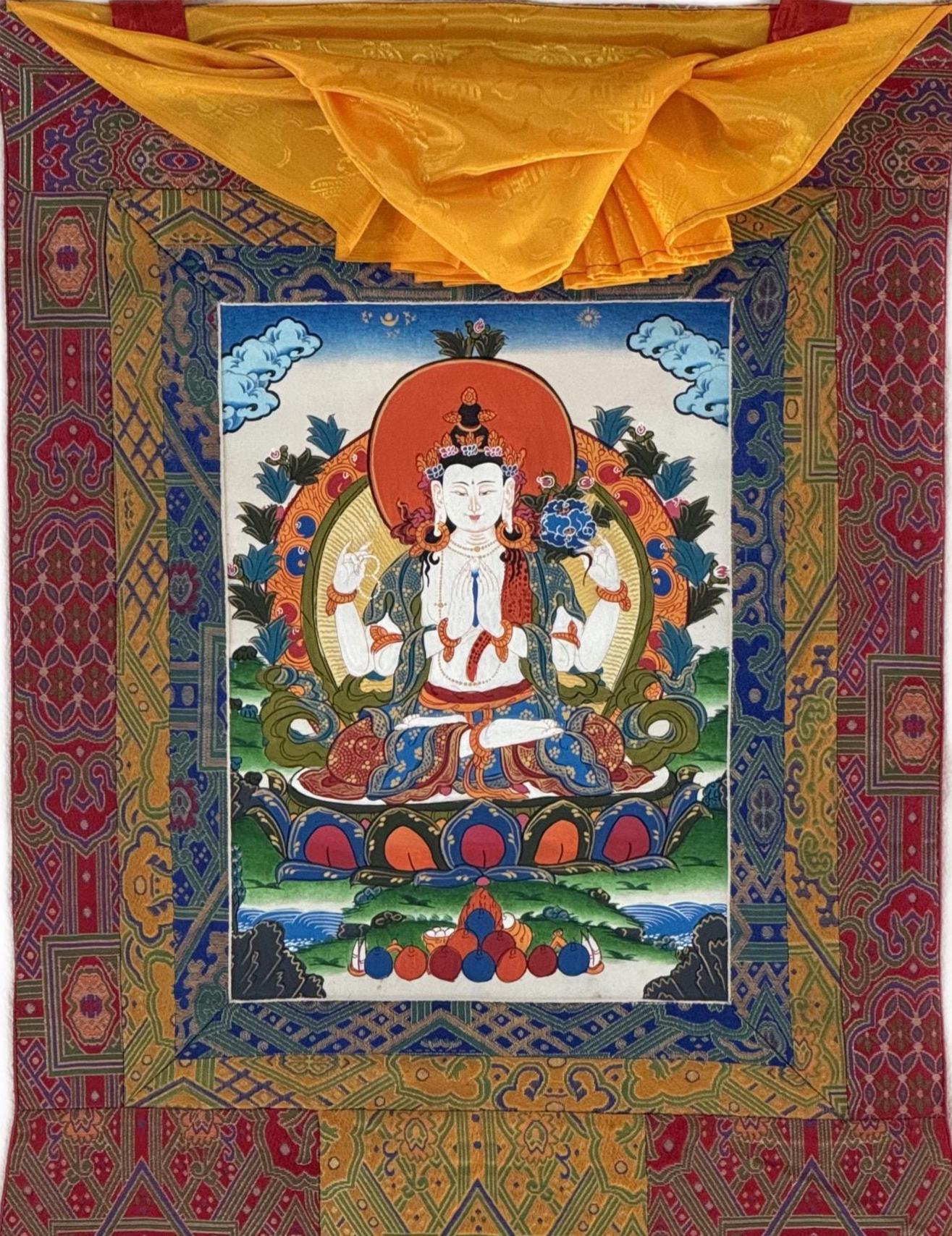 Original Hand-Painted Four-Armed Chenrezig Avalokiteshvara Thangka – Tibetan Buddhist Art, Compassion Bodhisattva with Silk Brocade