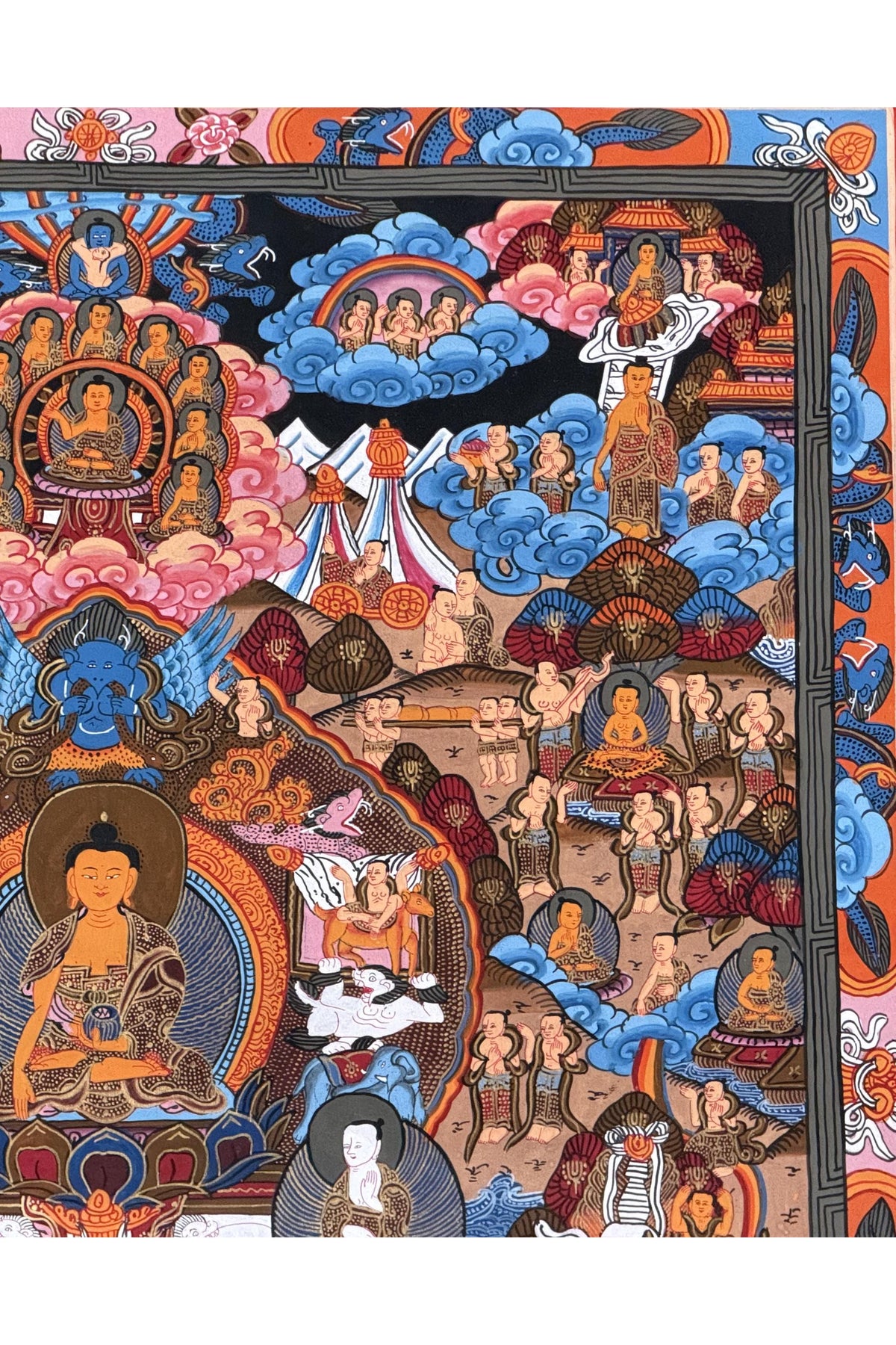 Life of Buddha Tibetan Thangka Painting – Original Hand-Painted Meditation Art with Silk Brocade