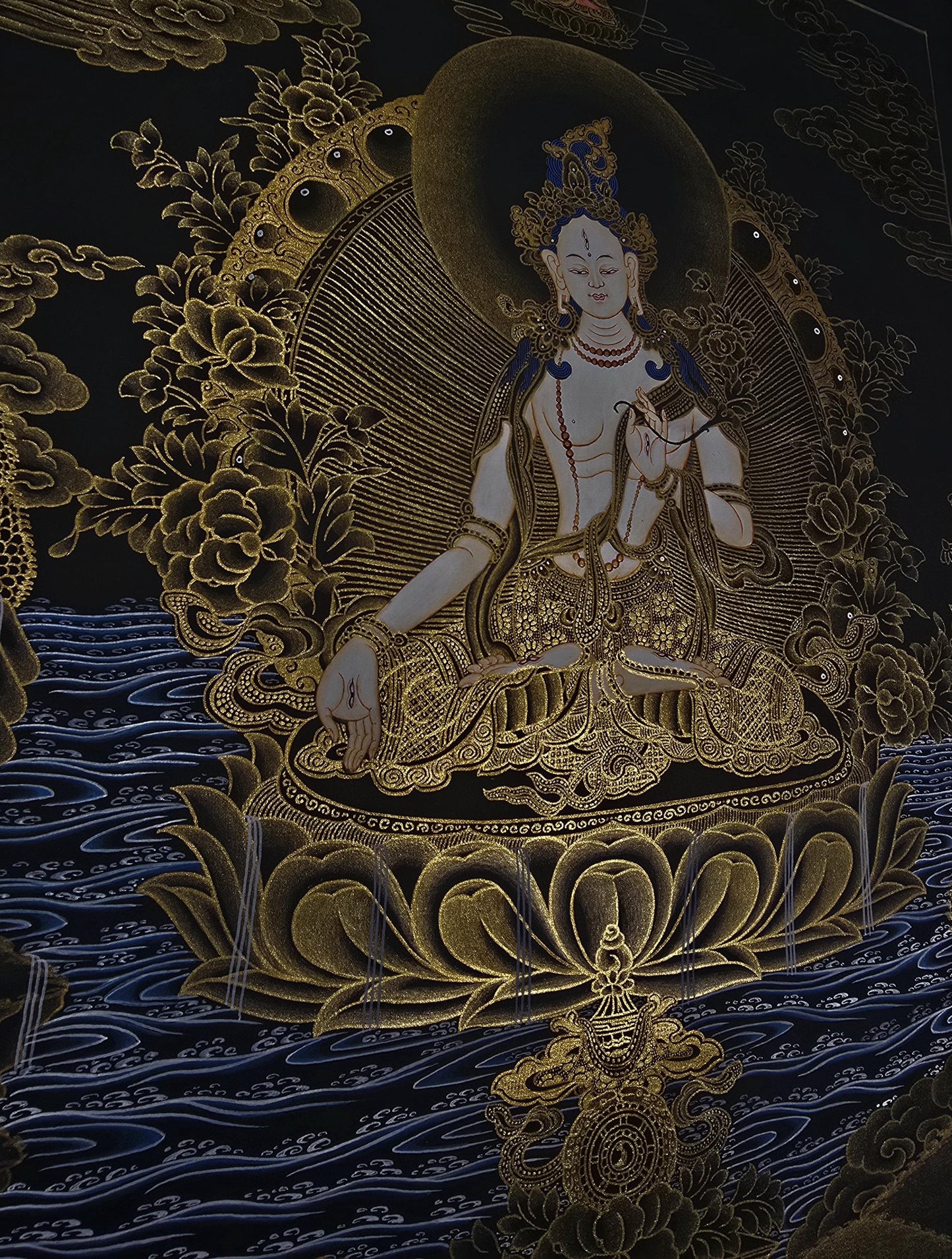 White Tara Thangka Painting, Gold Accents, Tibetan Art