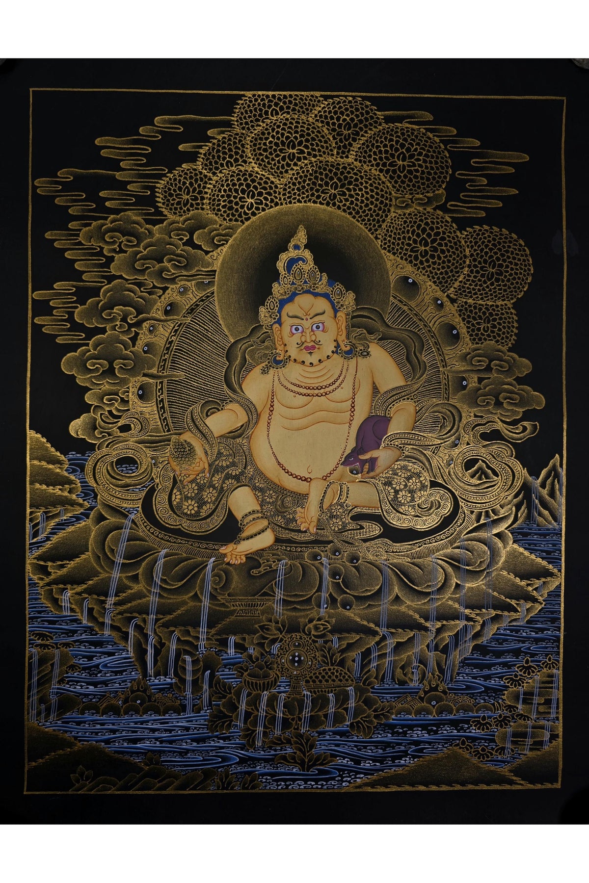 Hand Painted Jambhala Thangka - God of Wealth Art | 24k Gold Tibetan Meditation Masterpiece Painting