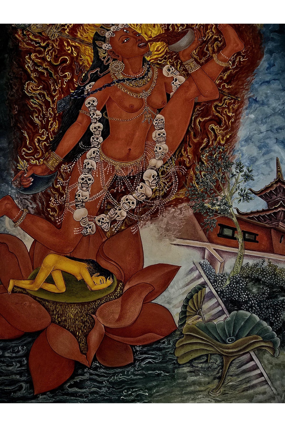 Akash Jogini Newari Paubha Thangka Painting – Wrathful Sky Dakini Sacred Himalayan Art