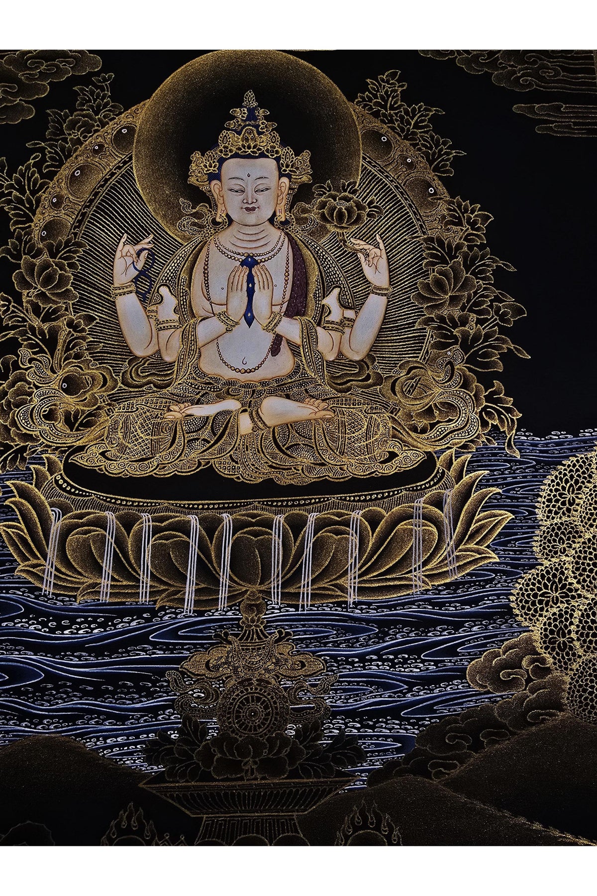 Chenrezig Avalokiteshvara Tibetan Thangka 24K Gold Hand-Painted Buddhist Compassion Art