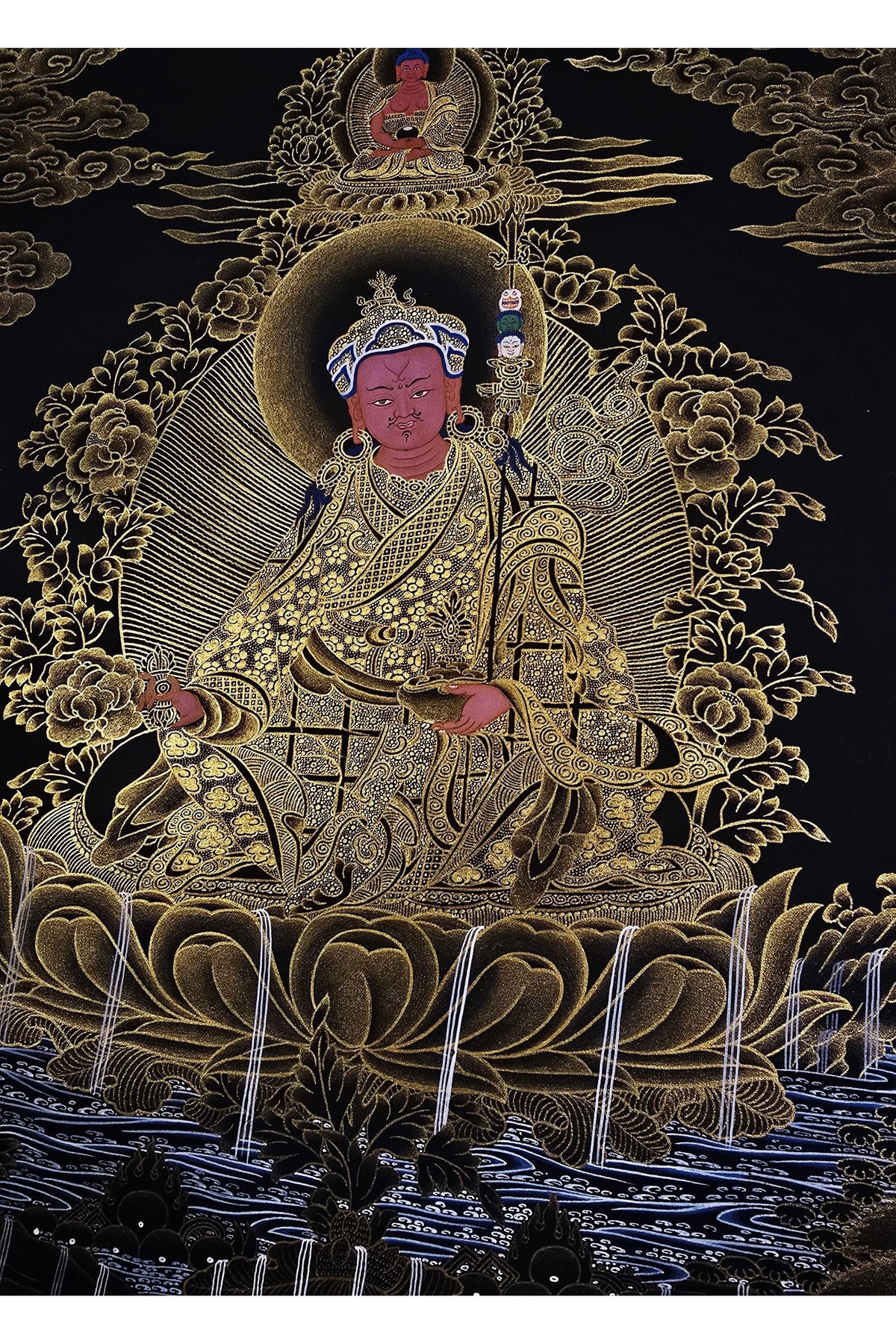 Guru Rinpoche Padmasambhava 24K Gold Tibetan Thangka Painting – Black and Gold Masterpiece