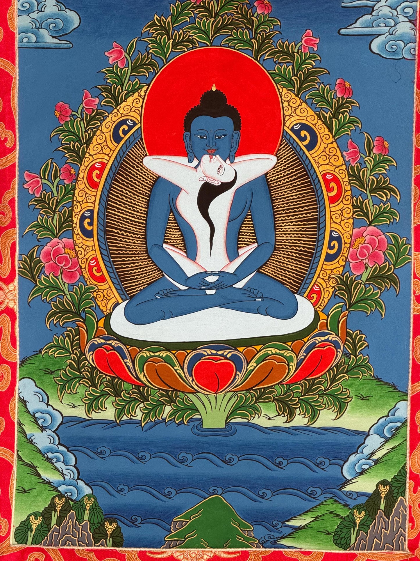 Hand-Painted Samantabhadra Thangka with Silk Brocade - Tibetan Primordial Buddha Meditation Art