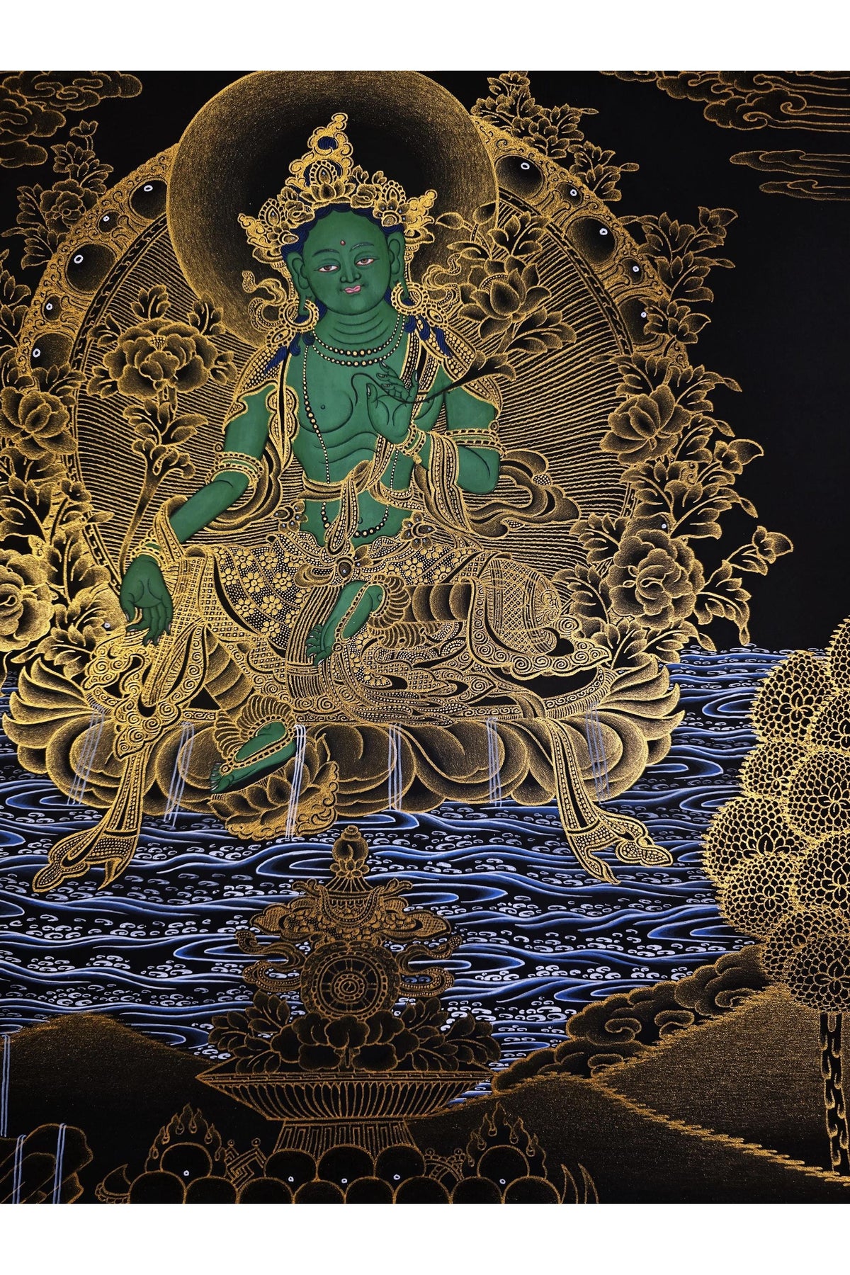 Hand-Painted Green Tara Thangka – Tibetan Buddhist Goddess of Compassion, Nepali Art