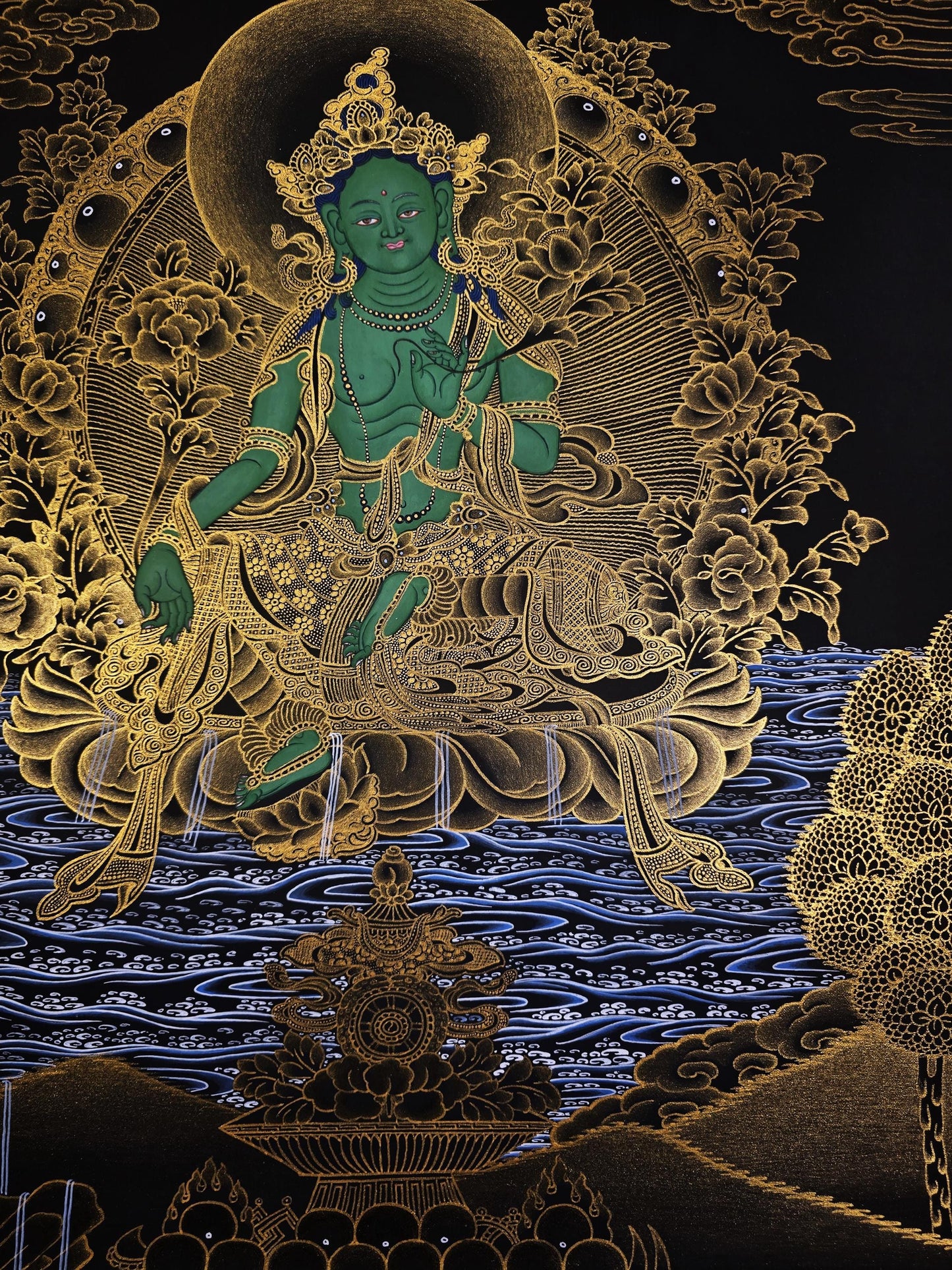 Hand-Painted Green Tara Thangka – Tibetan Buddhist Goddess of Compassion, Nepali Art