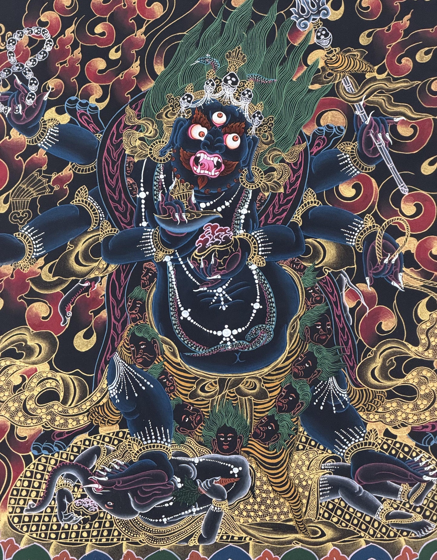 Hand-Painted Six-Armed Black Mahakala Thangka - Black and Gold Tibetan Buddhist Protector Deity