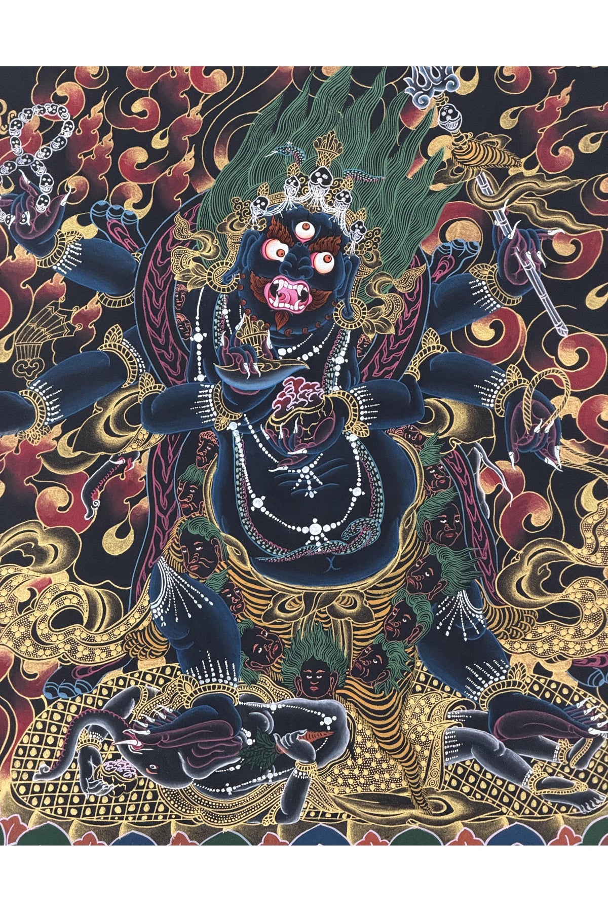 Hand-Painted Six-Armed Black Mahakala Thangka - Black and Gold Tibetan Buddhist Protector Deity