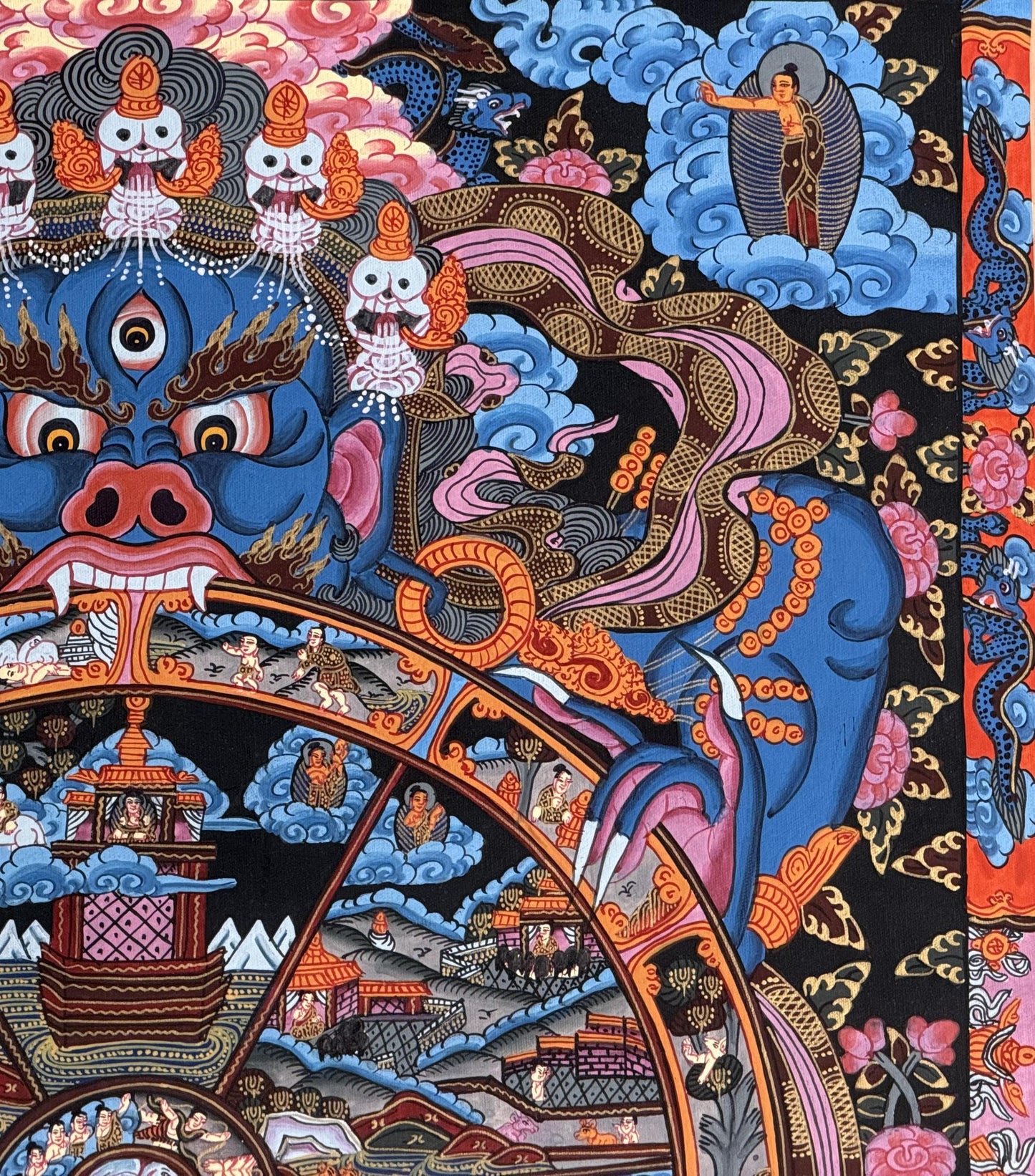Hand-Painted Tibetan Thangka: Samsara Wheel of Time Bhavachakra Mandala Painting