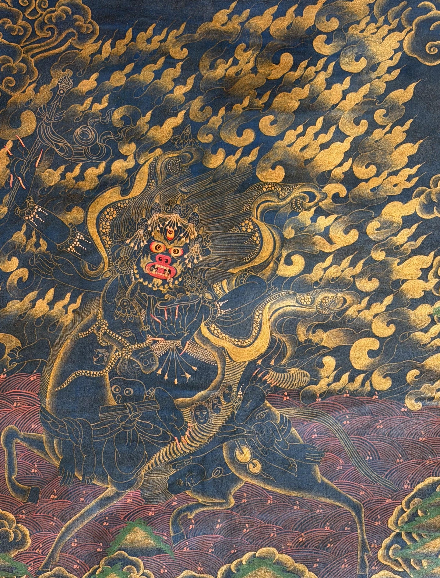 Hand-Painted Palden Lhamo Thangka with Silk Brocade - Oil Varnished Tibetan Wrathful Protector Goddess Art