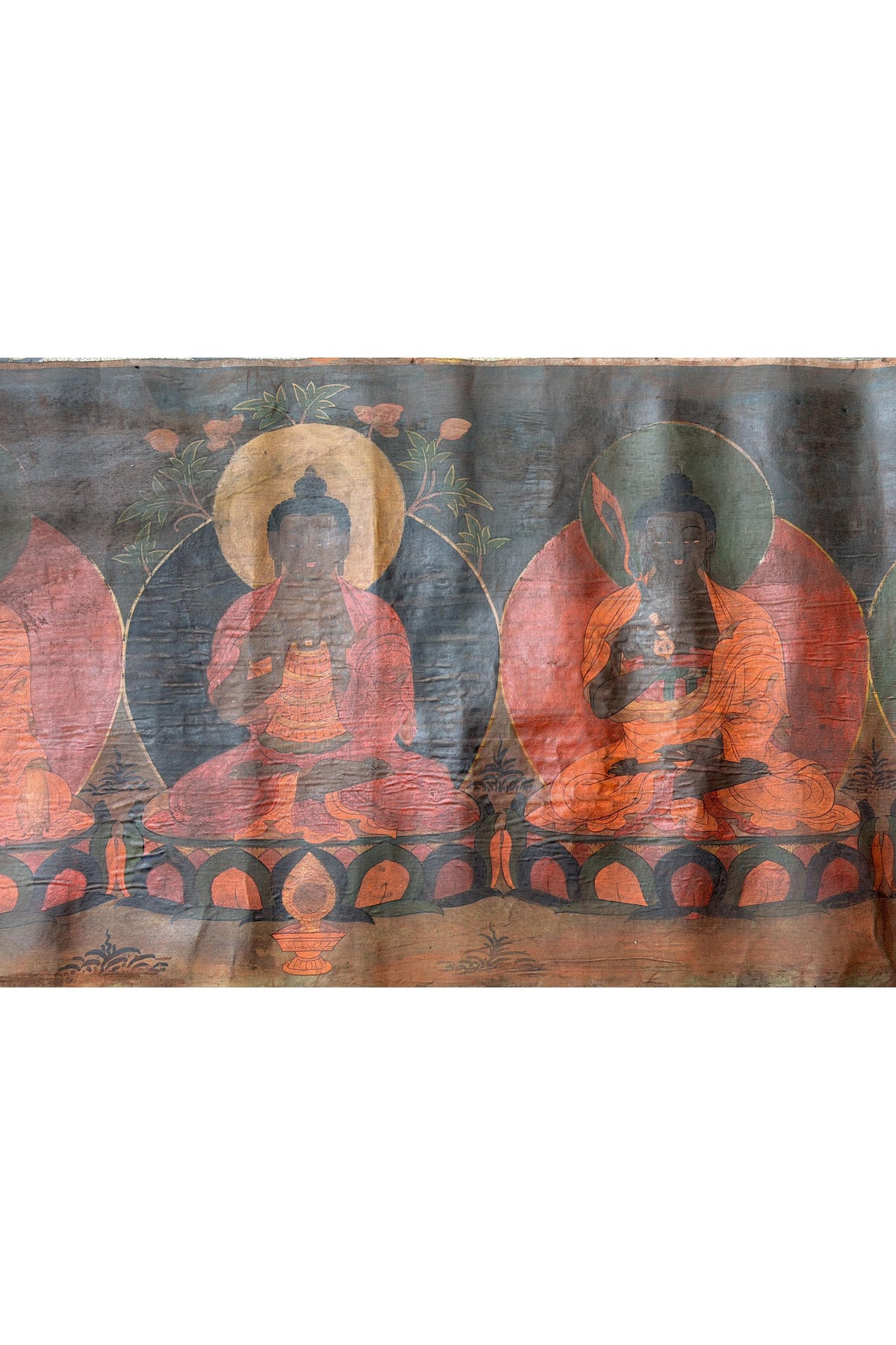 Old Pancha Buddha Tibetan Thangka Painting – Five Dhyani Buddhas Oil Varnished Buddhist Art
