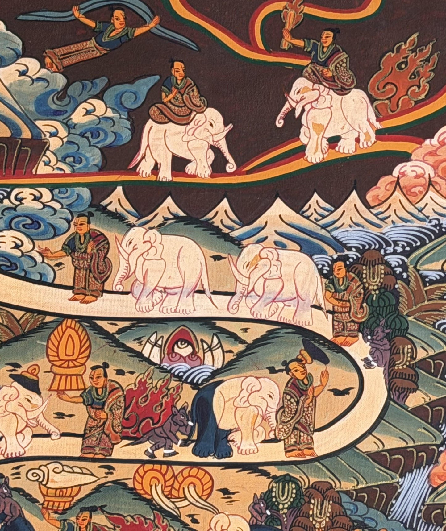 Hand-Painted Samatha Meditation Tibetan Thangka Painting with Silk Brocade